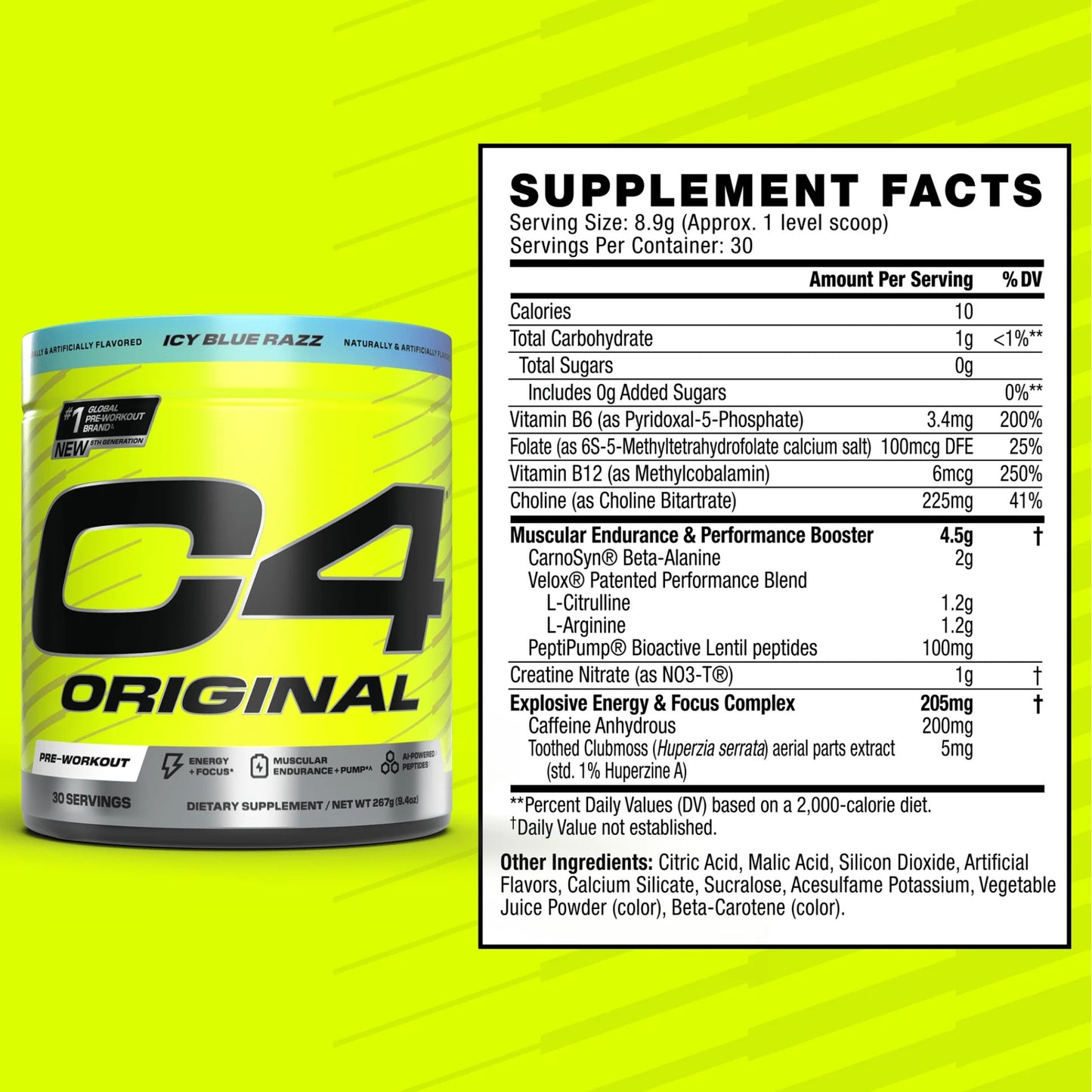 C4 Original supplement container with nutritional facts on a yellow background