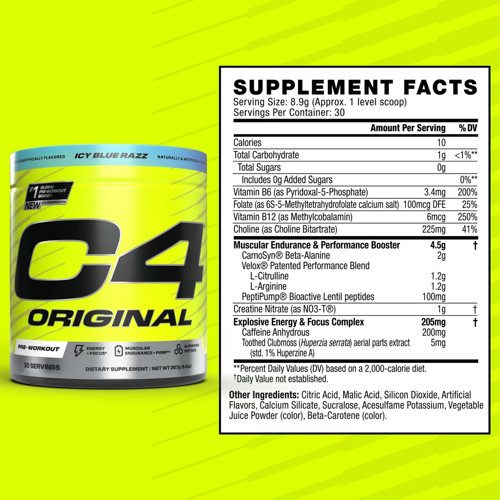 C4 Original supplement container with nutritional facts on a yellow background