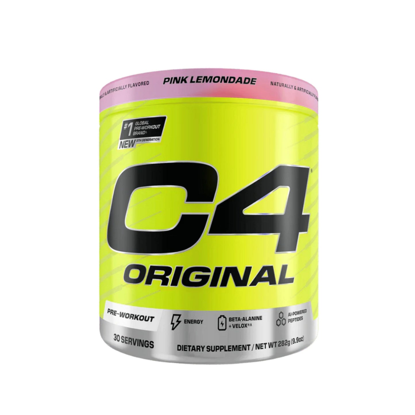 C4 Original pre-workout supplement container in pink lemonade flavor on a white background
