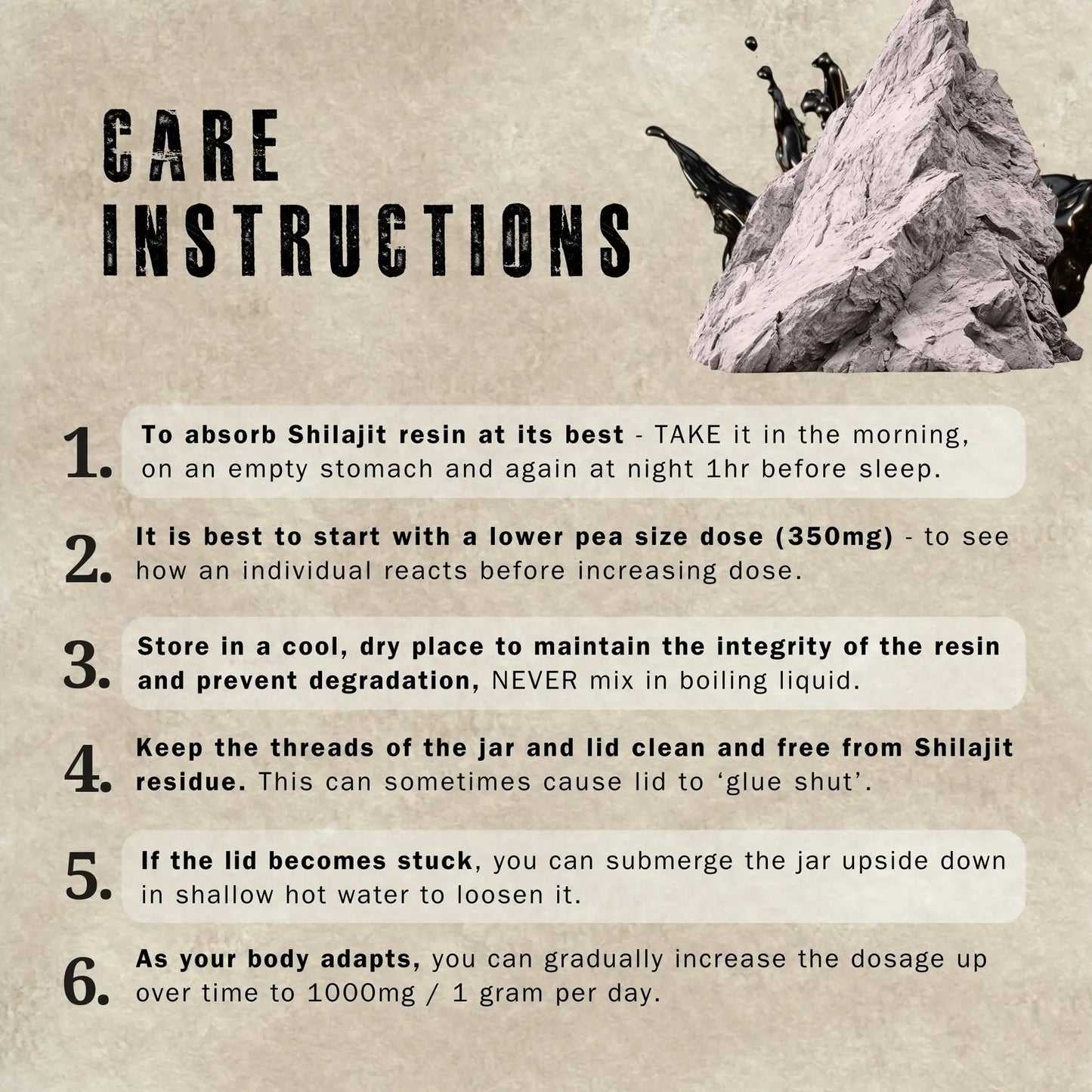 Care instructions for Shilajit resin on a textured background with a mountain climbing illustration.