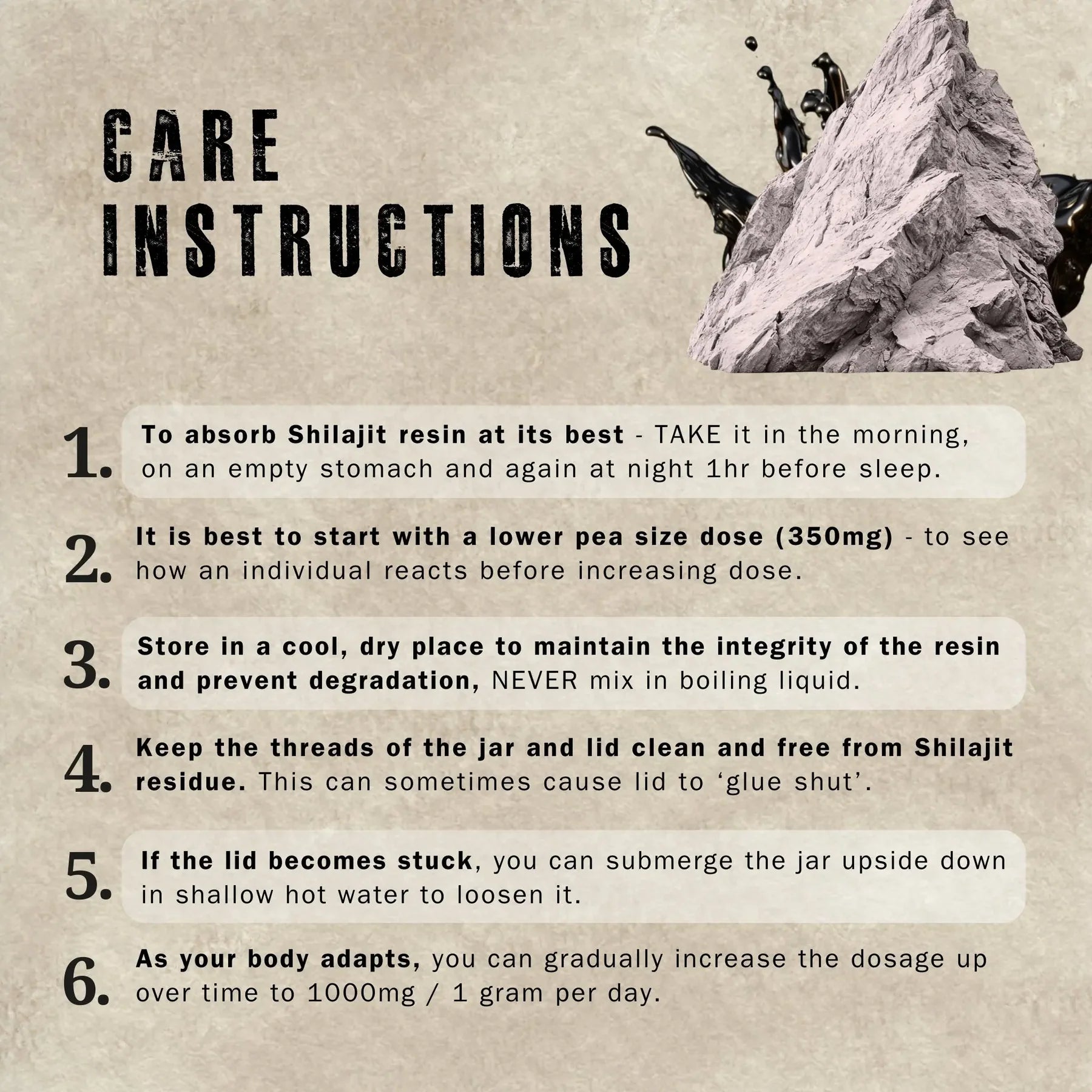 Care instructions for Shilajit resin on a textured background with a mountain climbing illustration.