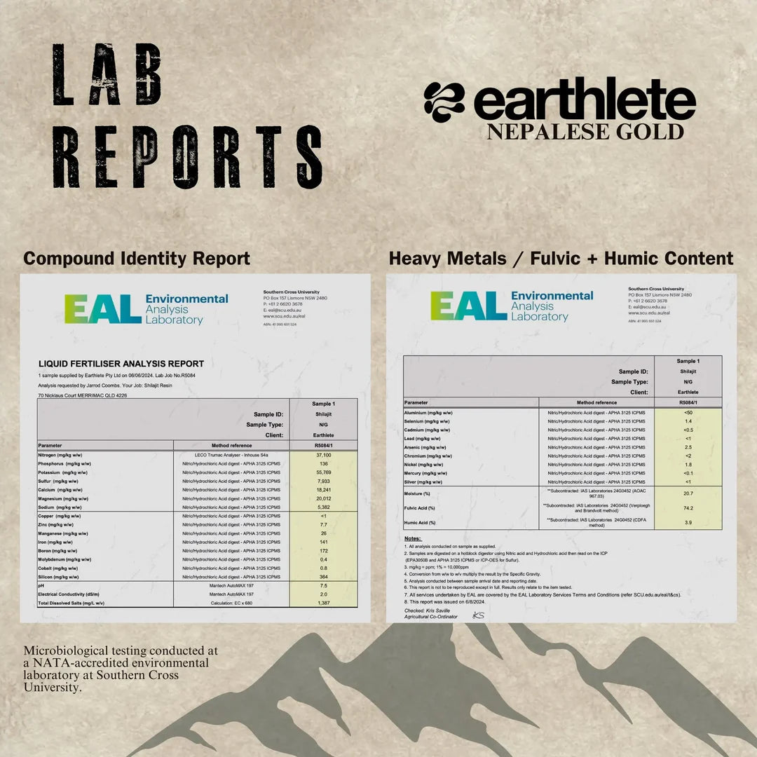 Lab reports for Earthlete Nepalese Gold with EAL Environmental Laboratory branding on a textured background.