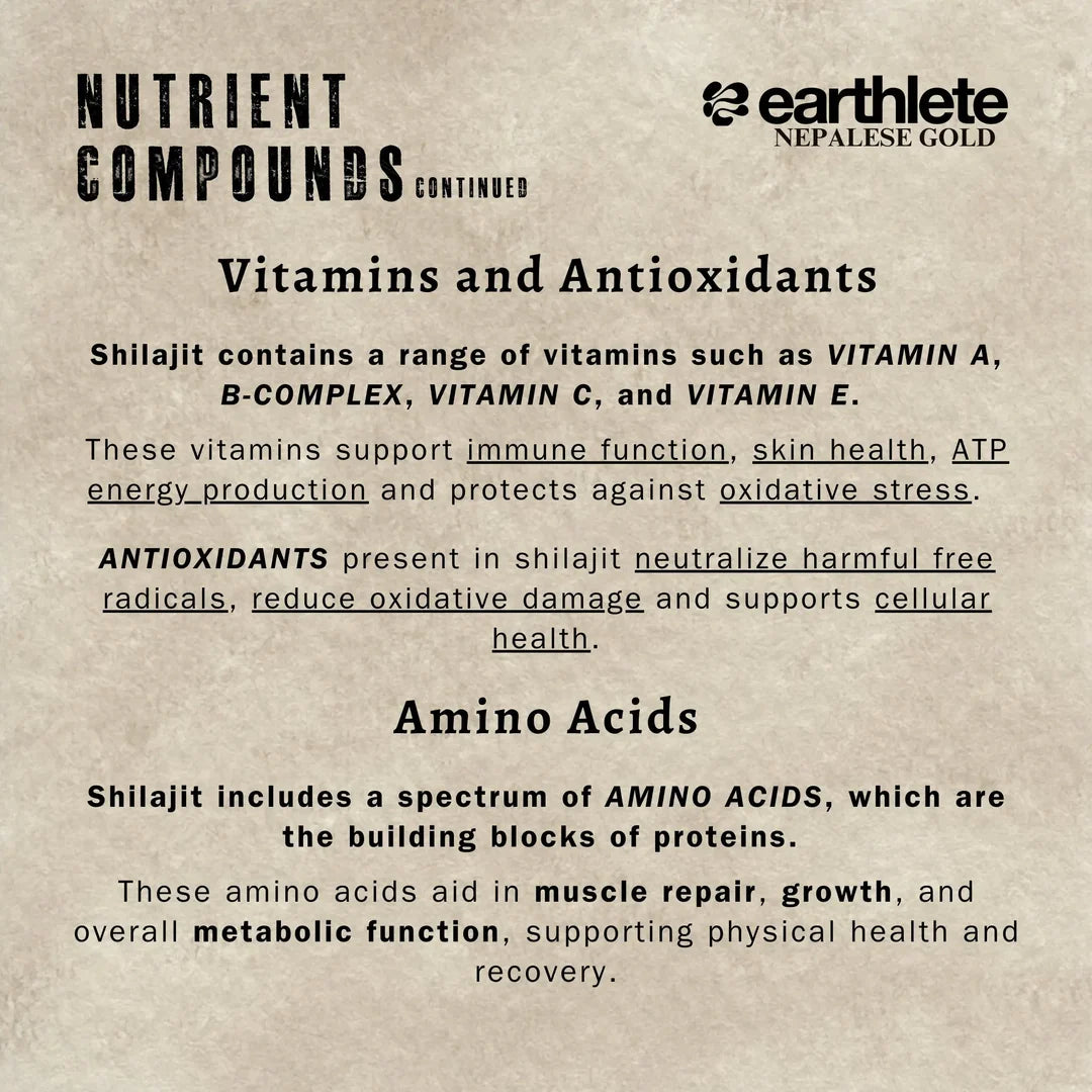 Text detailing nutrient compounds of Shilajit, including vitamins, antioxidants, and amino acids, with Earthlete brand name.
