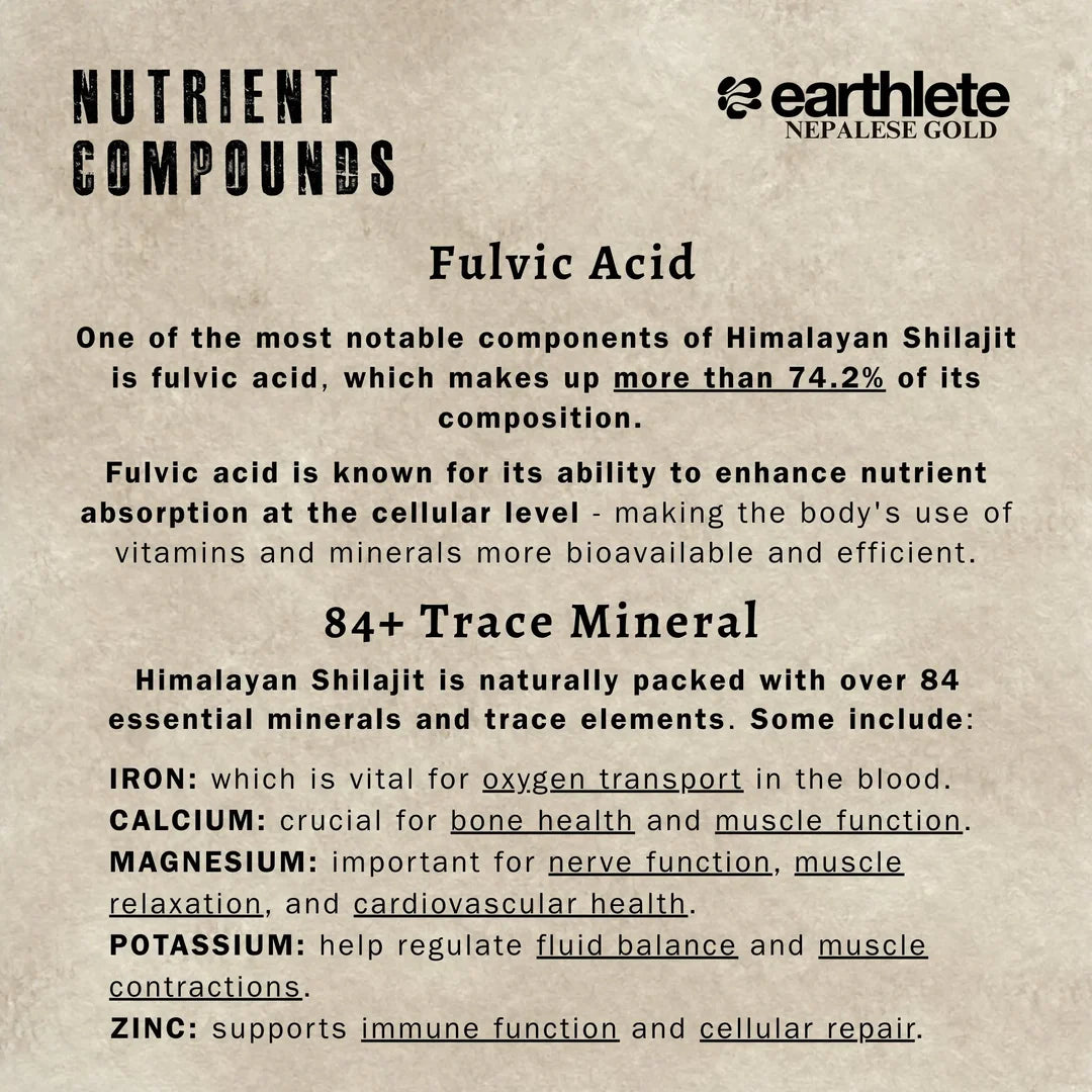 Information about fulvic acid and trace minerals in Himalayan Shilajit, with Earthlete branding.