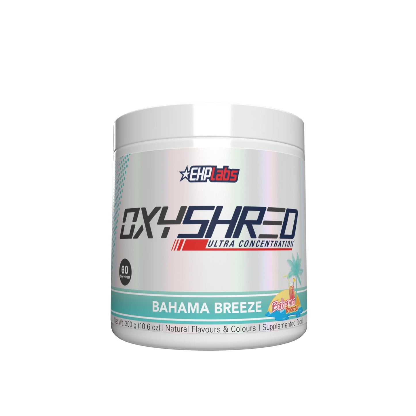 Container of OxyShred supplement with Bahama Breeze flavor on a white background
