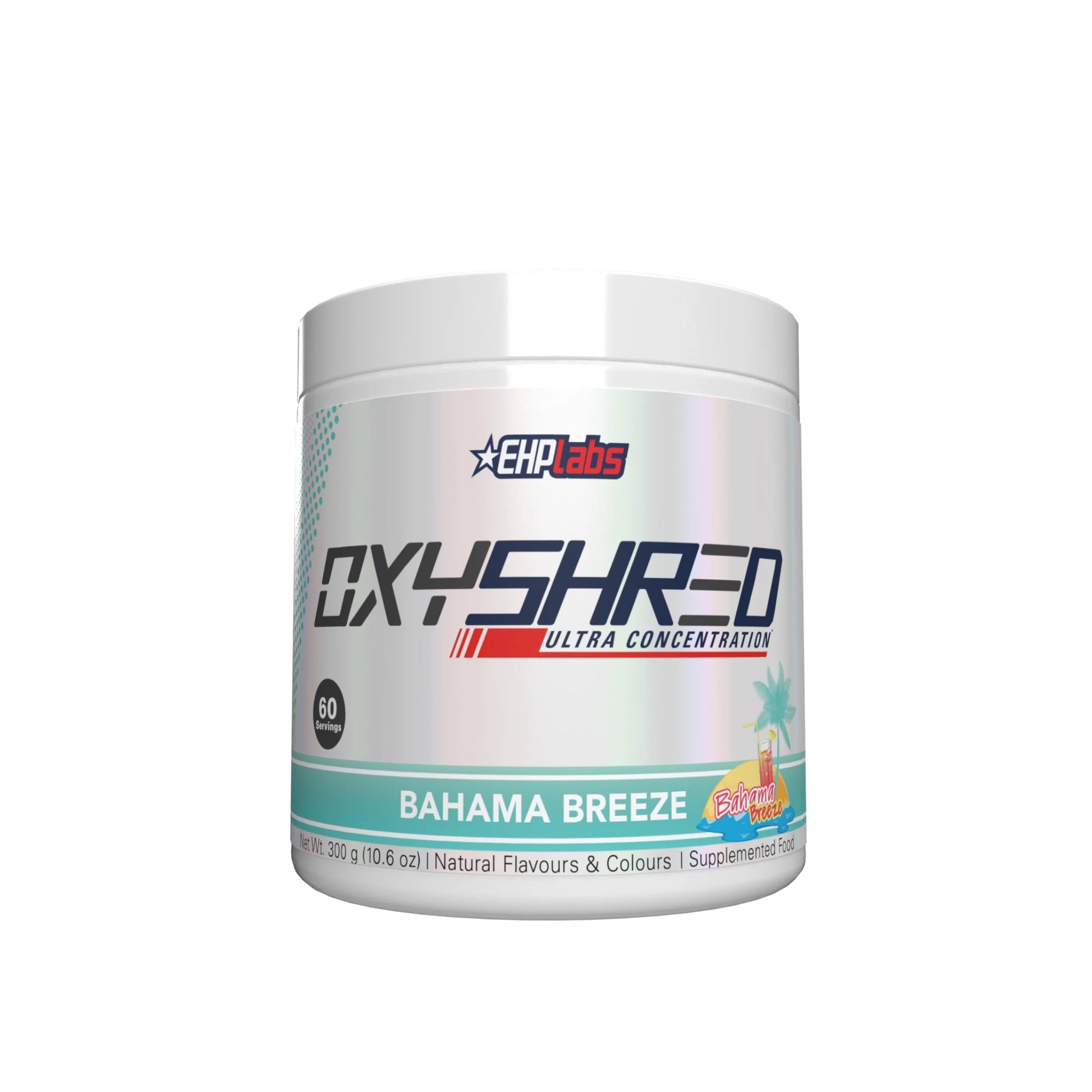 Container of OxyShred supplement with Bahama Breeze flavor on a white background