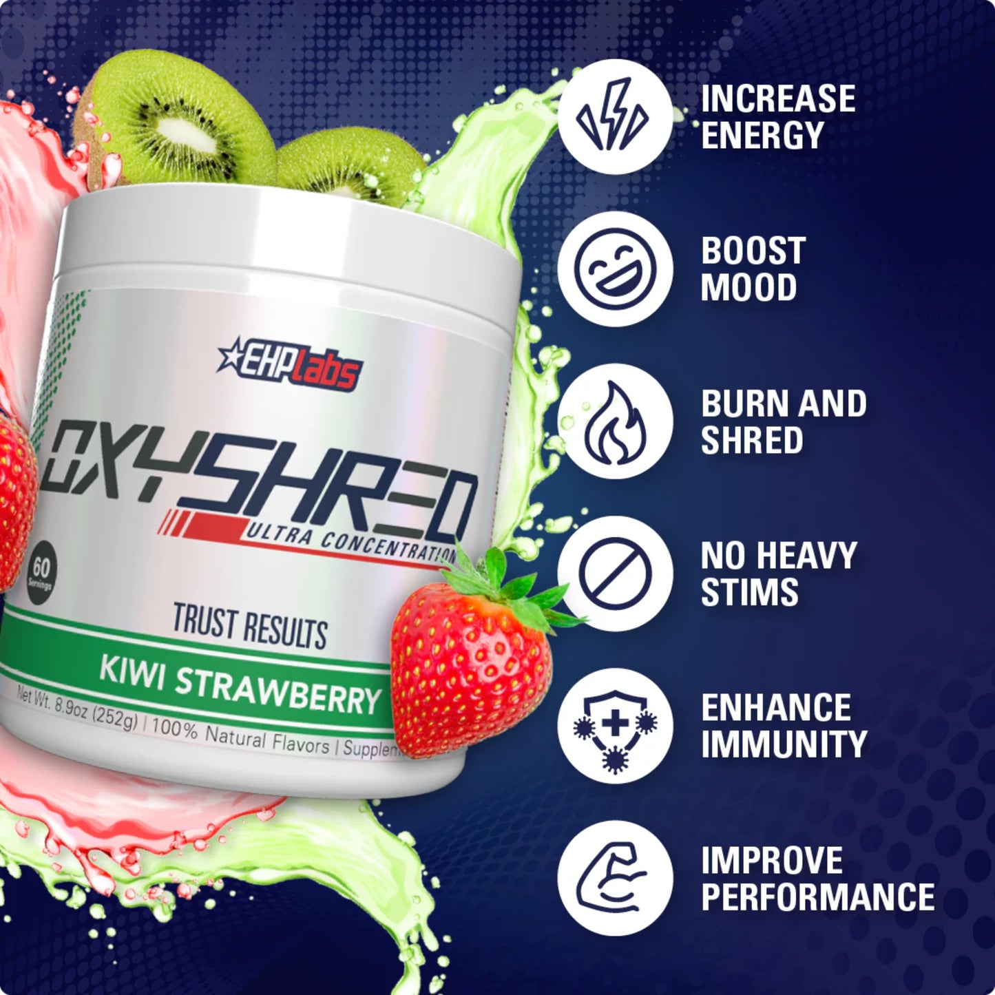 OxyShred supplement container with kiwi and strawberry on a blue background
