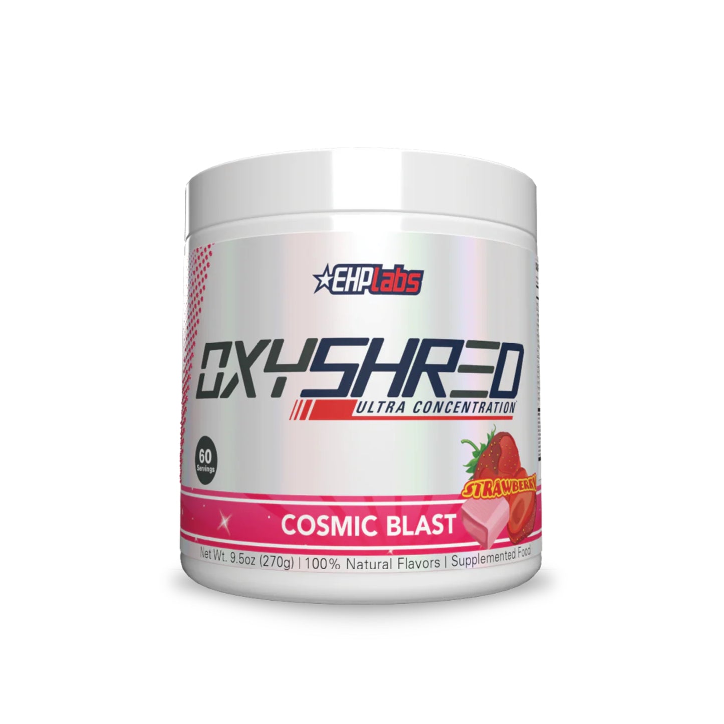 Container of OxyShred supplement with EHP Labs branding on a white background