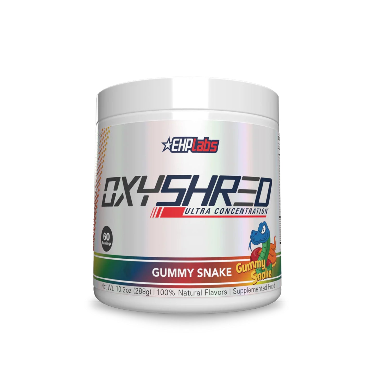OxyShred supplement container with Gummy Snake flavor on a white background