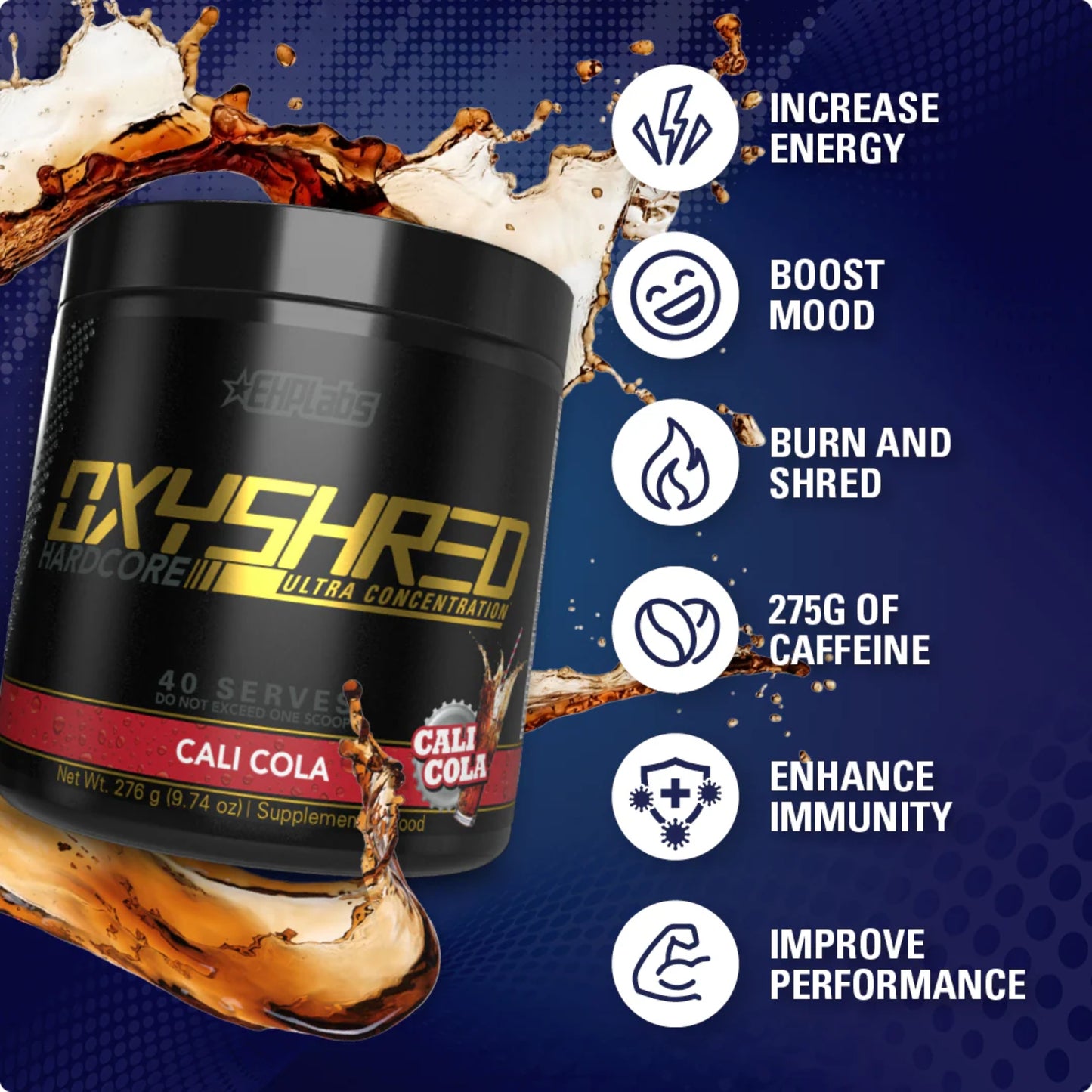 OxyShred supplement container with features on a blue background