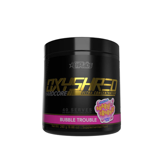 Black supplement container labeled 'OxyShred' with colorful text on a white background