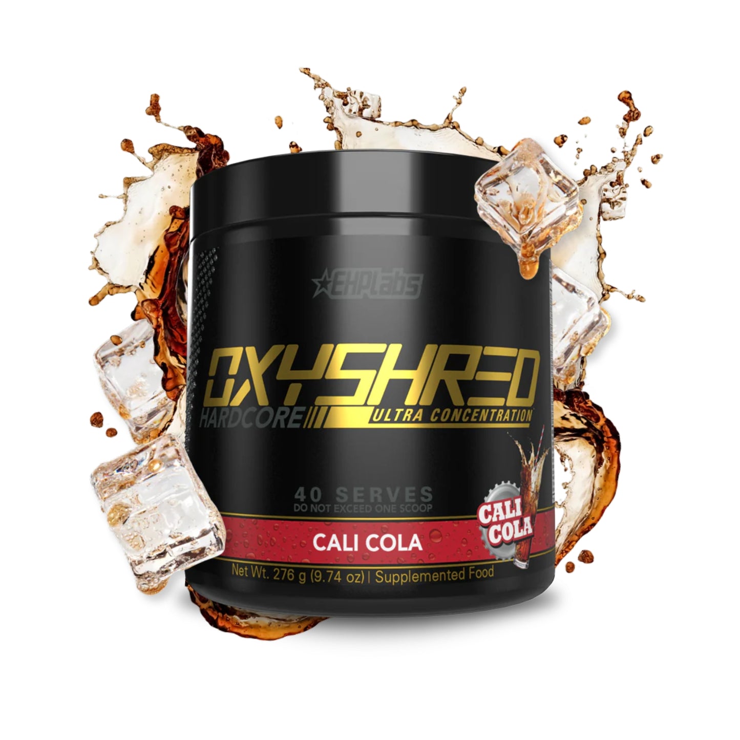 OxyShred supplement container with cali cola flavor on a white background