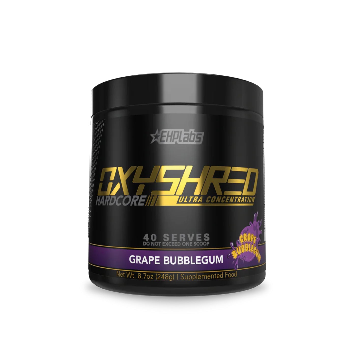 OxyShred Hardcore supplement container with grape bubblegum flavor on a white background