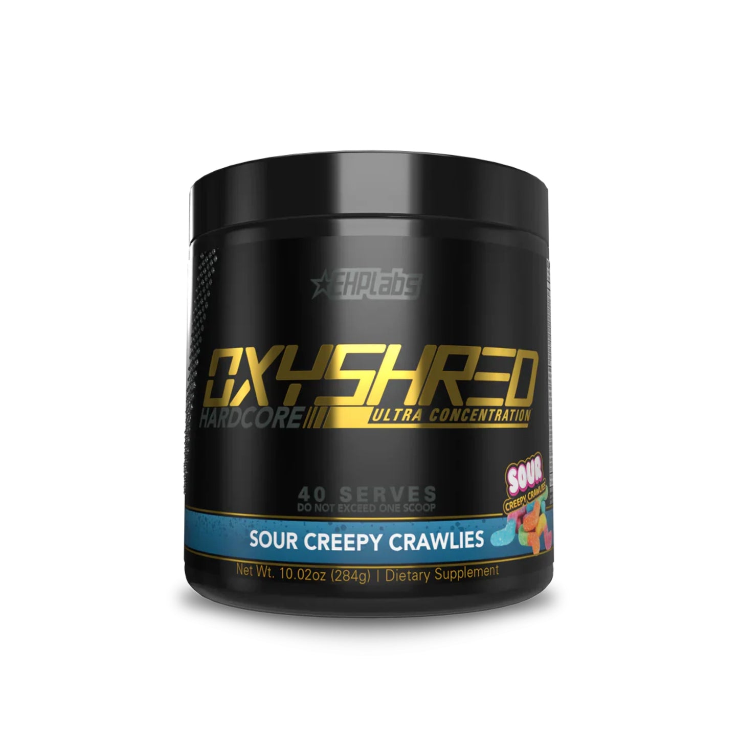 Black supplement container labeled 'OxyShred' with colorful text on a white background