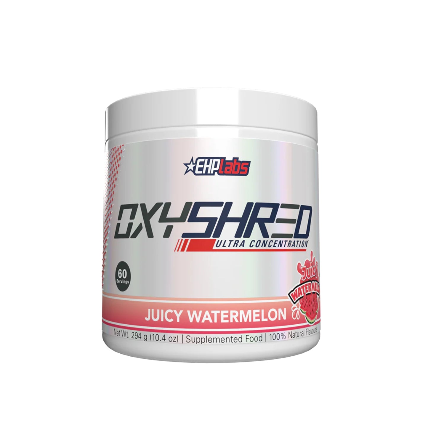 OXYSHRED supplement container by EHP Labs with juicy watermelon flavor on a white background