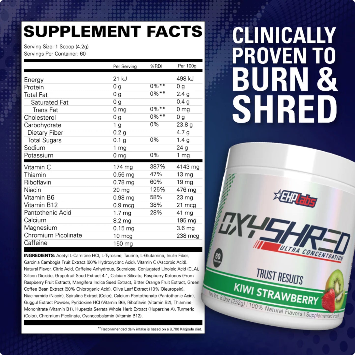 Supplement container with OxyShred branding and nutritional facts on a blue background