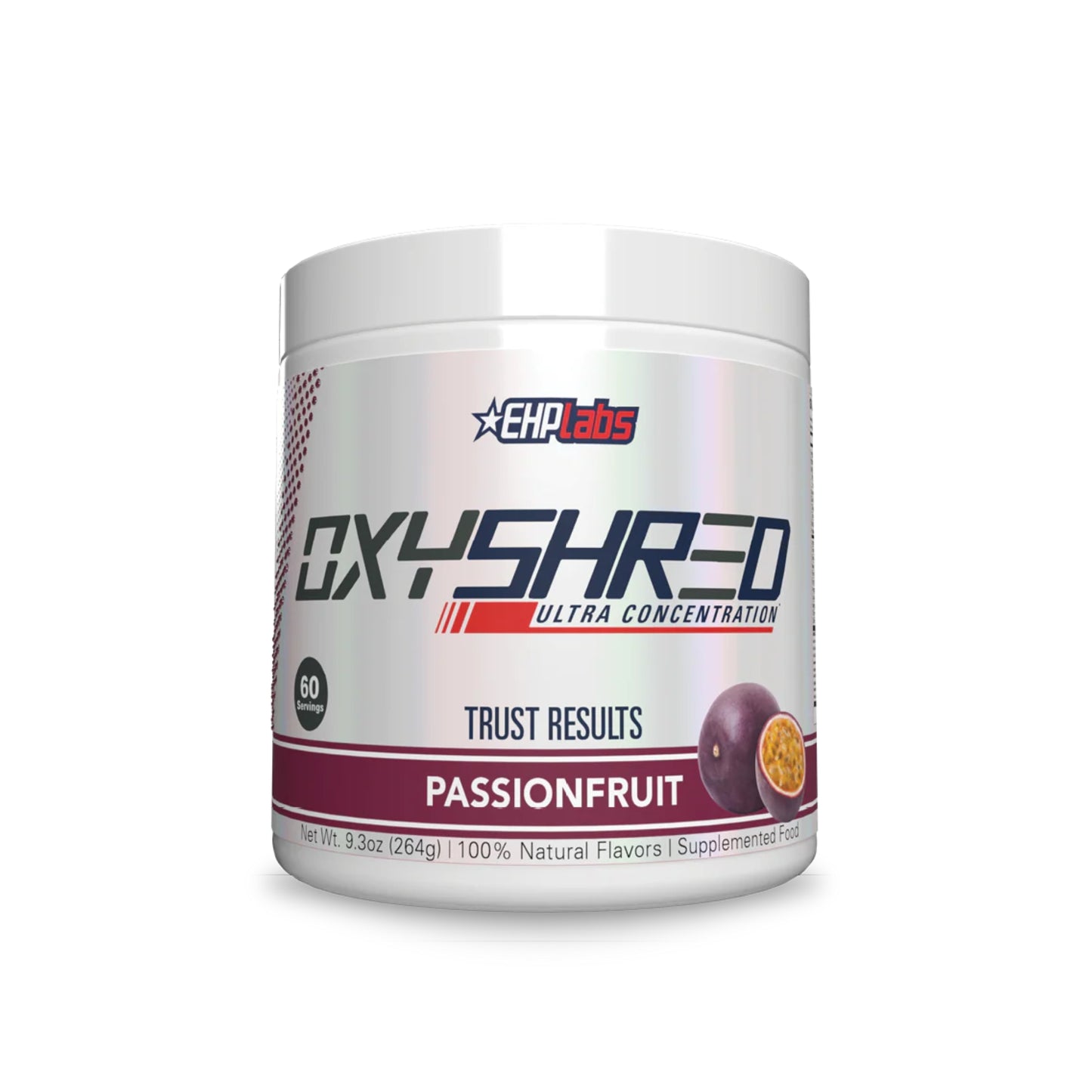 Oxyshred supplement container with EHP Labs branding on a white background