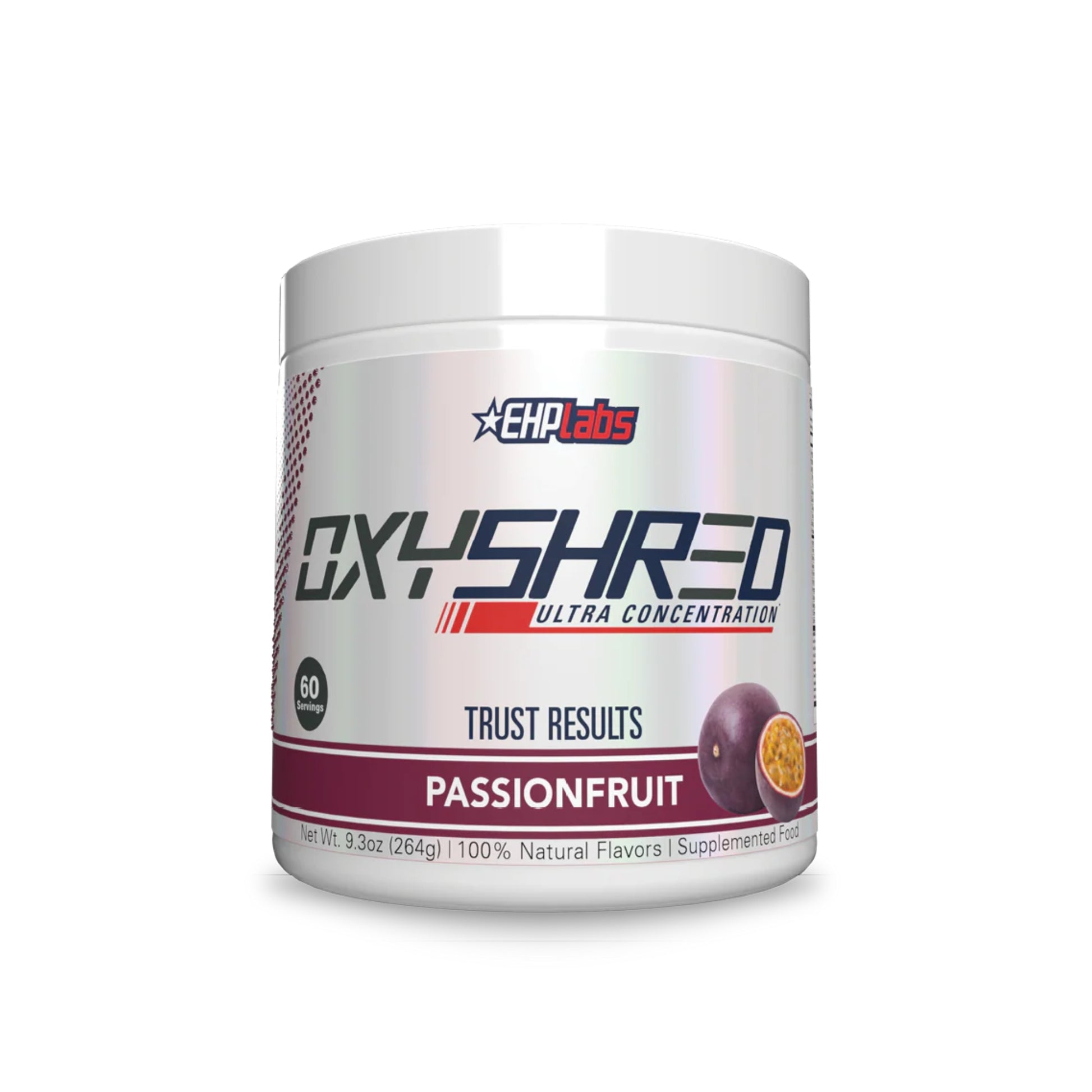 Oxyshred supplement container with EHP Labs branding on a white background