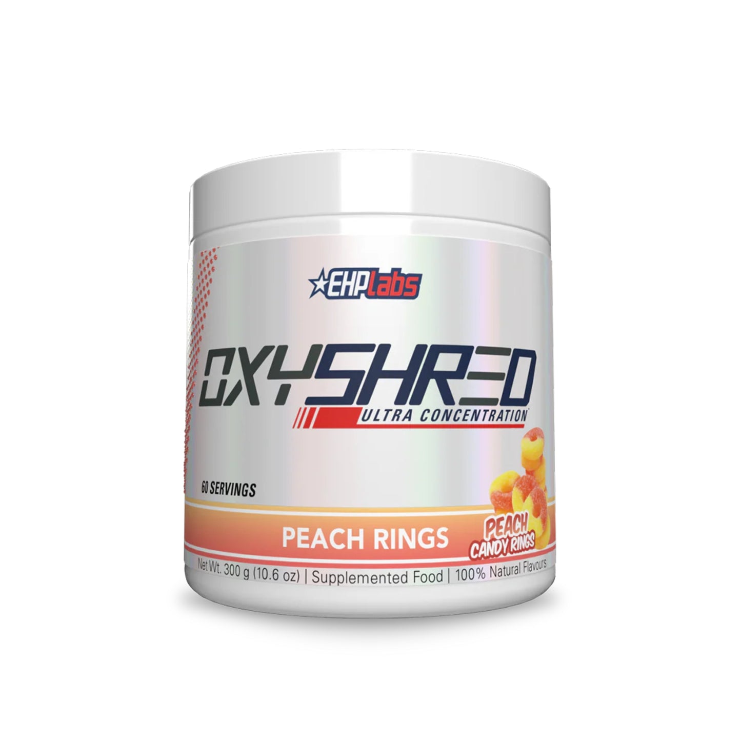 OxyShred supplement container by EHP Labs with peach rings flavor on a white background