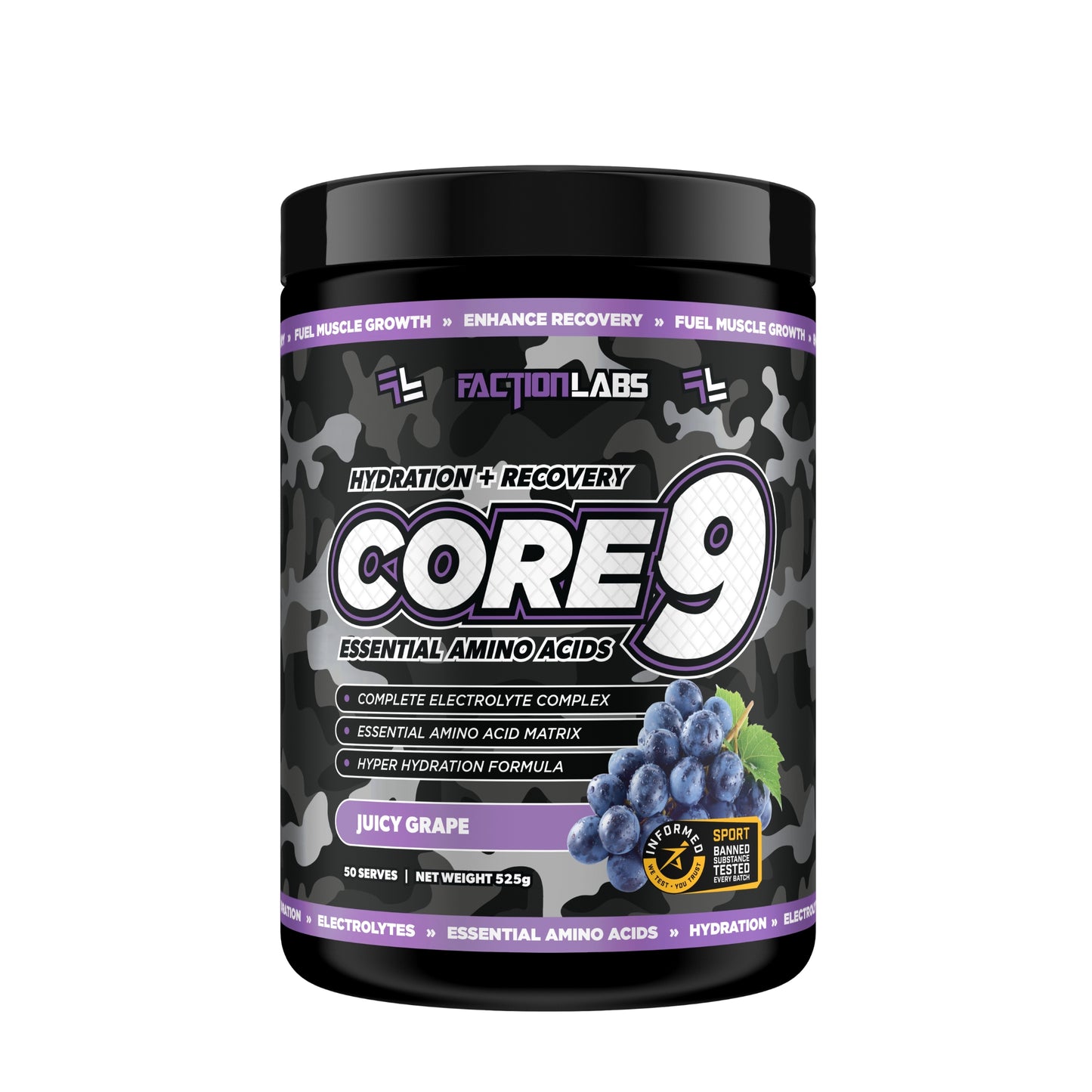 Black supplement container labeled 'CORE 9' with purple accents on a white background