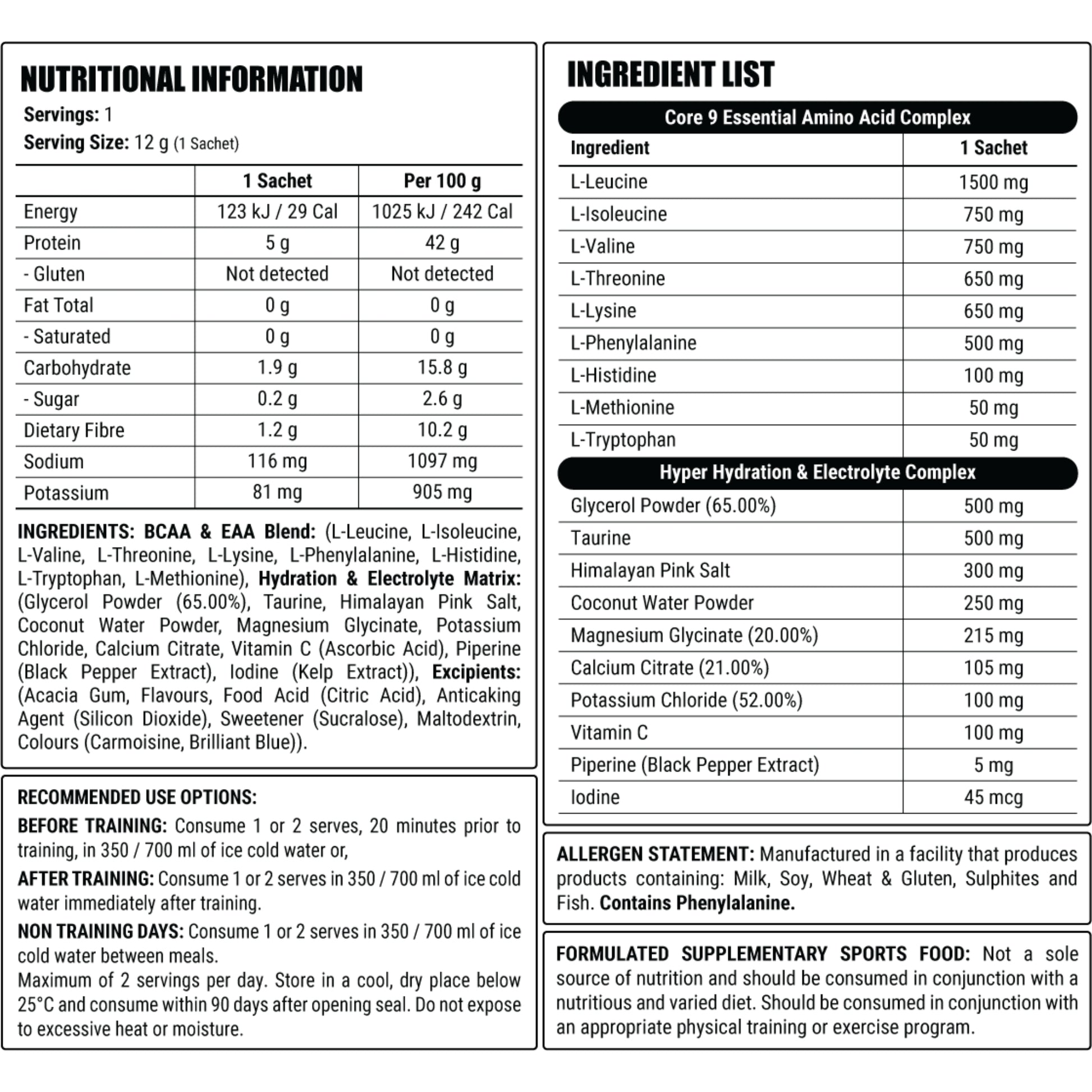 Nutritional information and ingredient list for faction labs core 9.