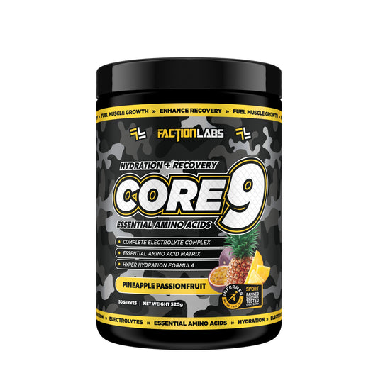 Black supplement container labeled 'CORE 9' by Faction Labs on a white background