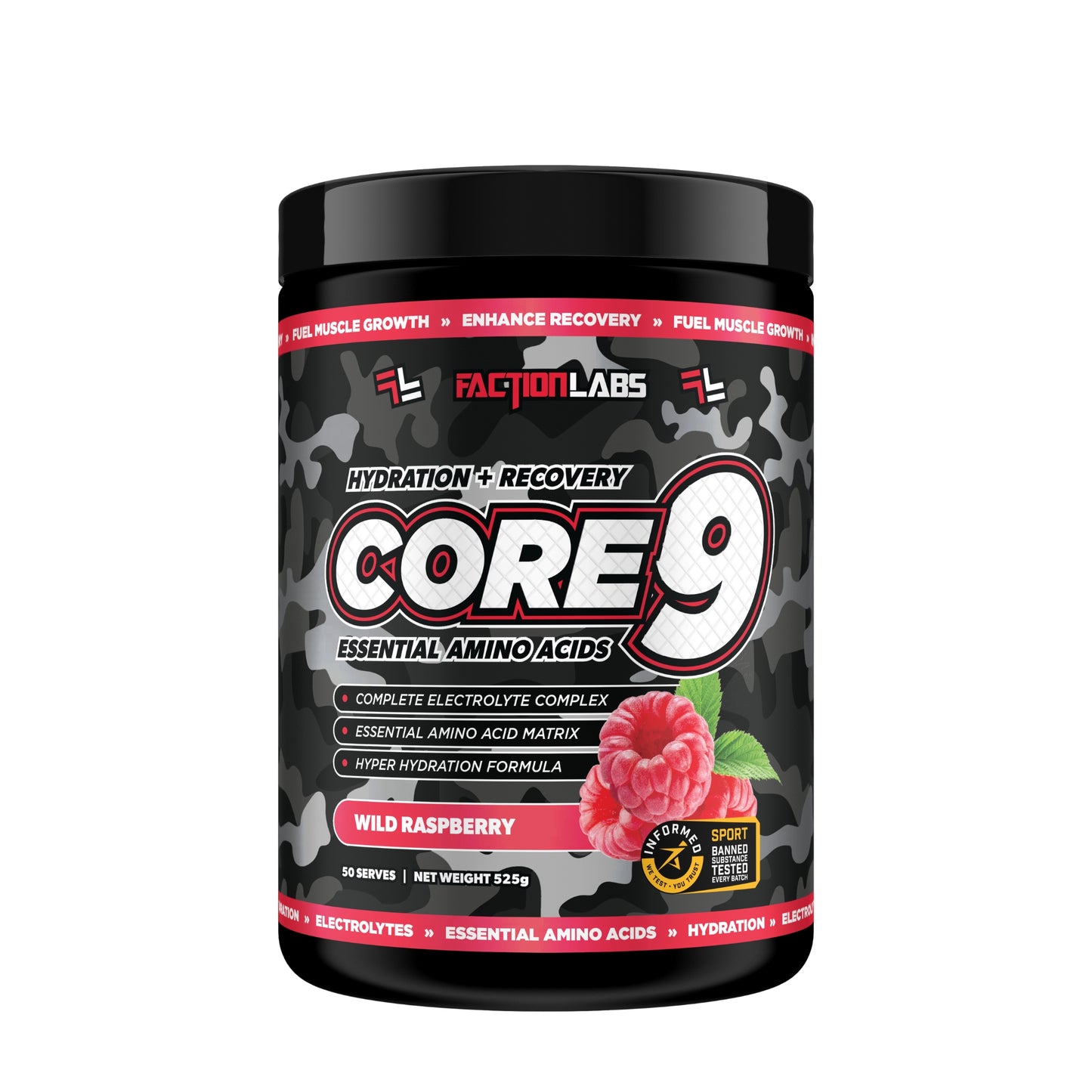 Black supplement container labeled 'CORE 9' by Faction Labs on a white background