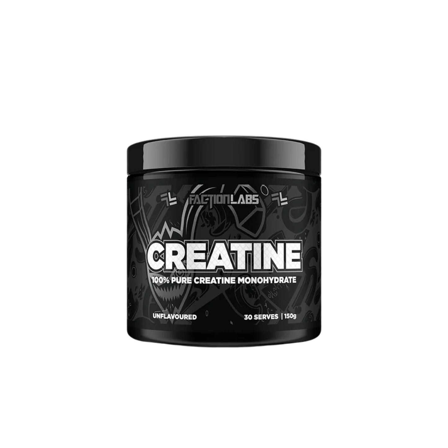 Black container of creatine monohydrate powder with 'Faction Labs' branding on a white background