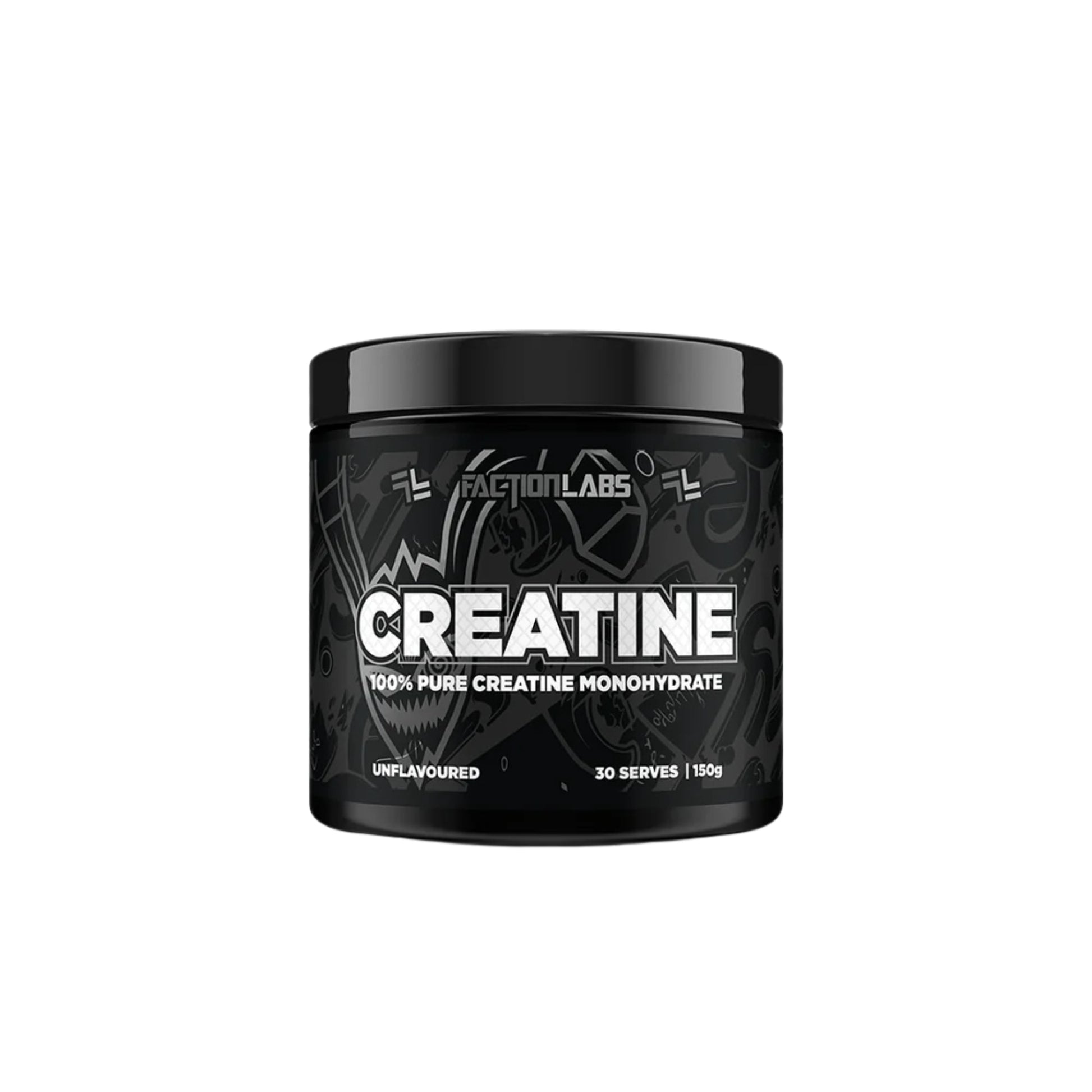 Black container of creatine monohydrate powder with 'Faction Labs' branding on a white background