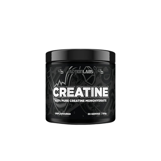 Black container of creatine monohydrate powder with 'Faction Labs' branding on a white background