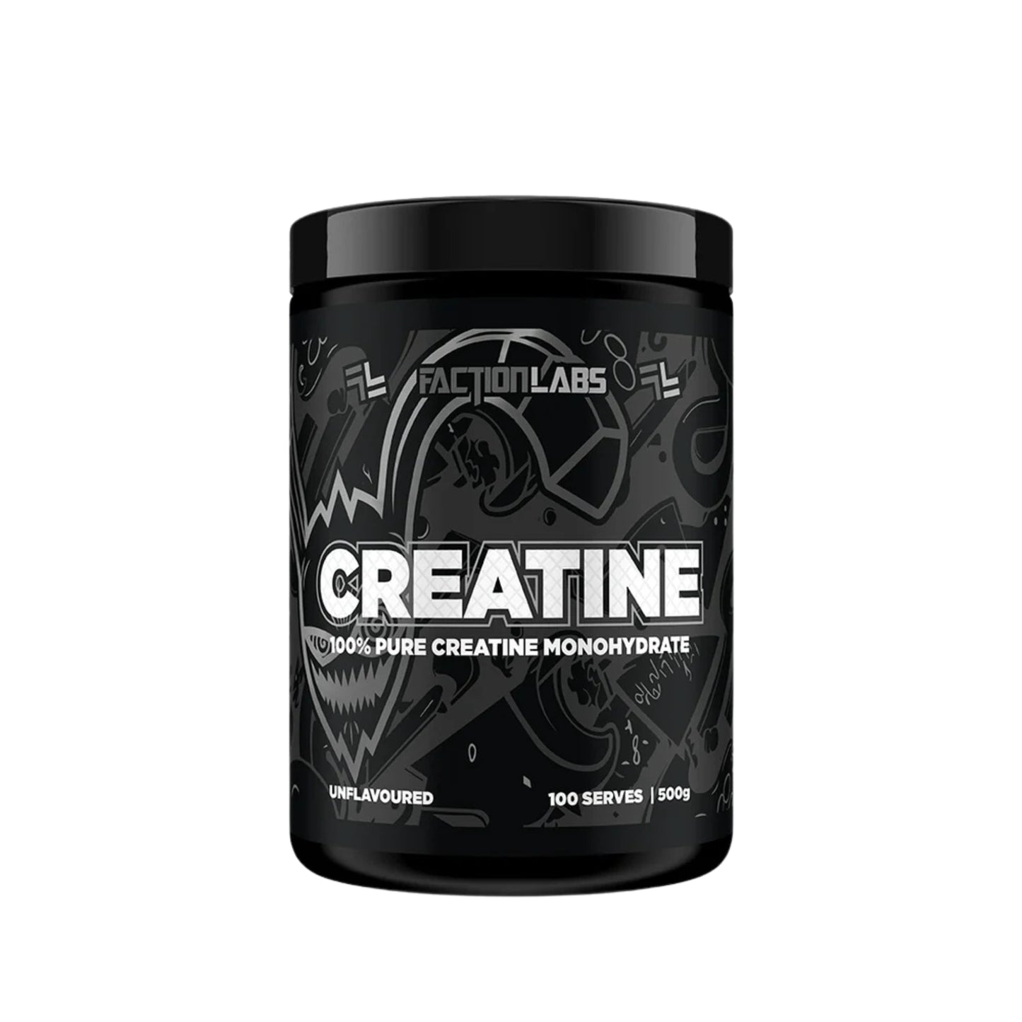 Black container of Faction Labs Creatine on a white background