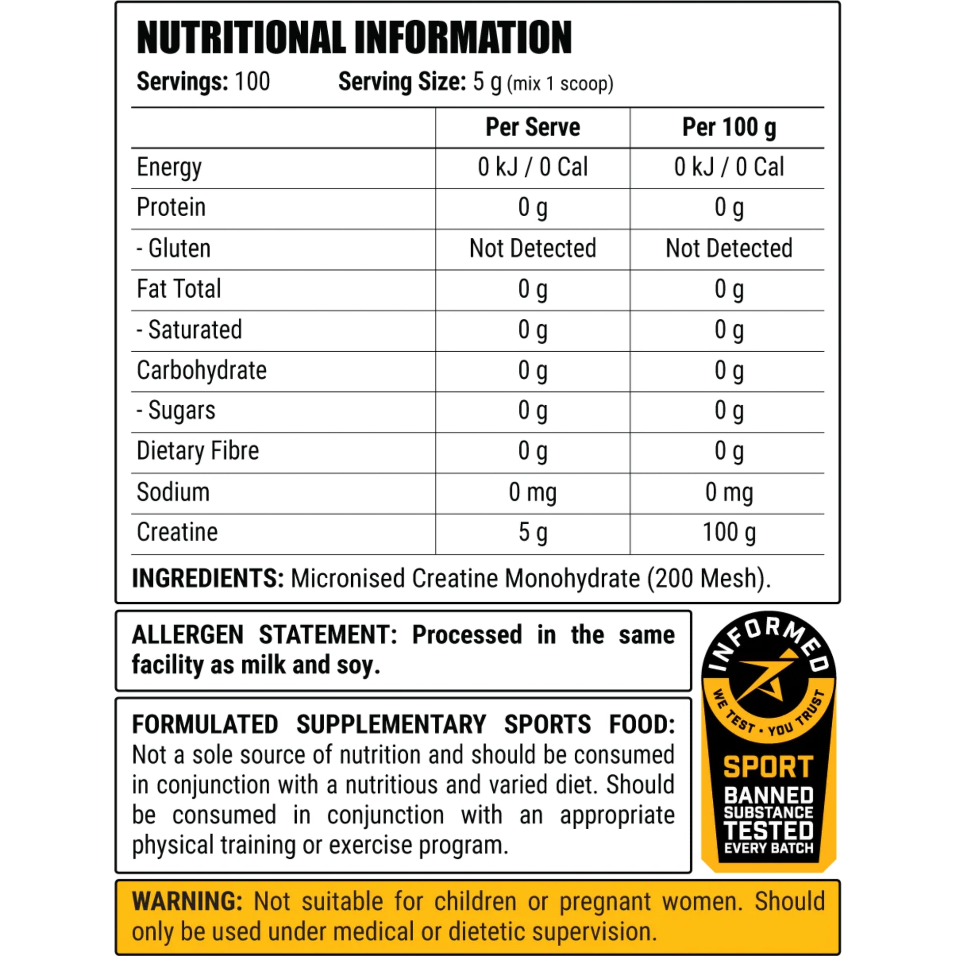 Nutritional information label for a supplement product with details on energy, protein, fat, carbohydrates, and more.