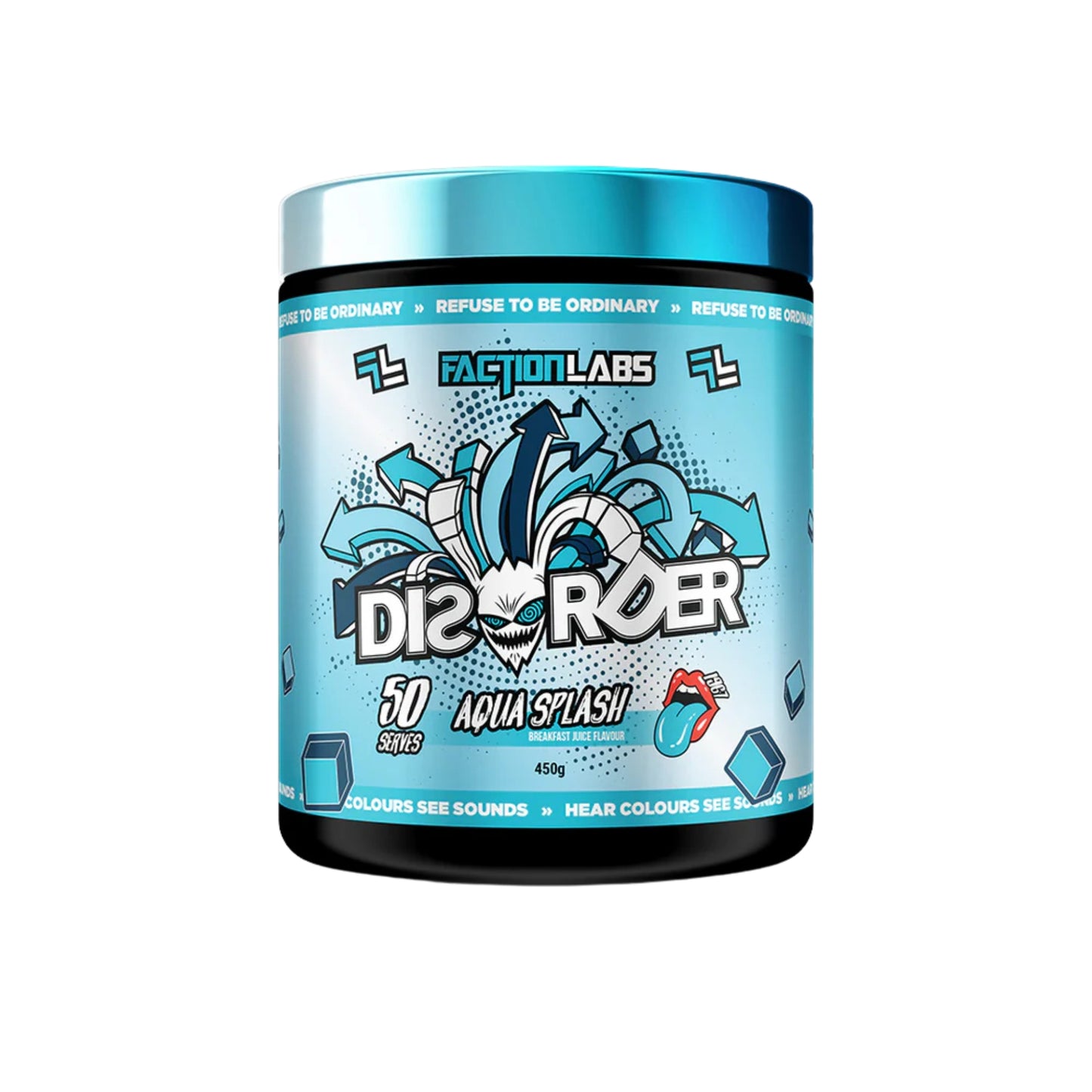 Blue and black container of Disorder Aqua Splash by Faction Labs on a white background
