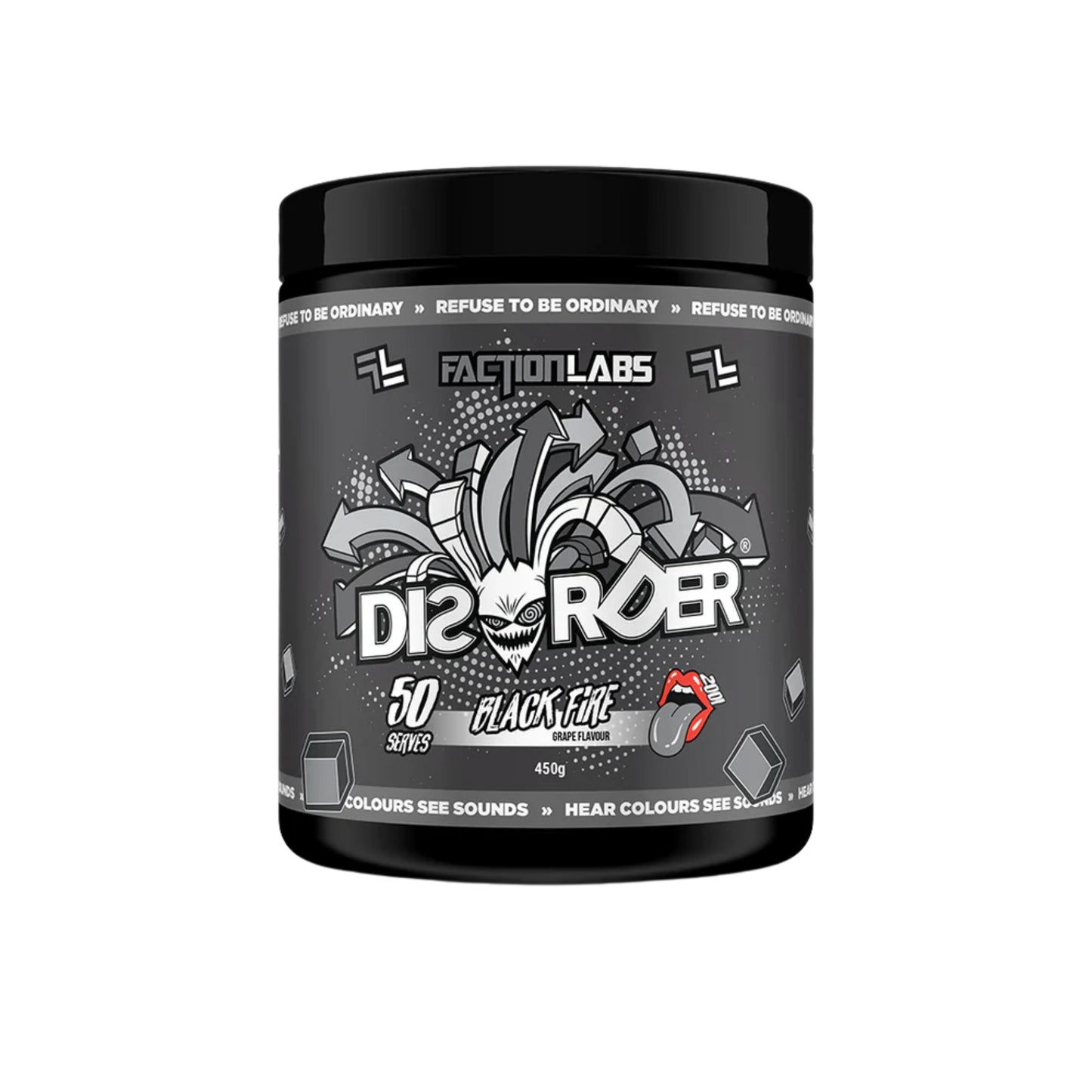Black supplement container with Faction Labs branding on a white background