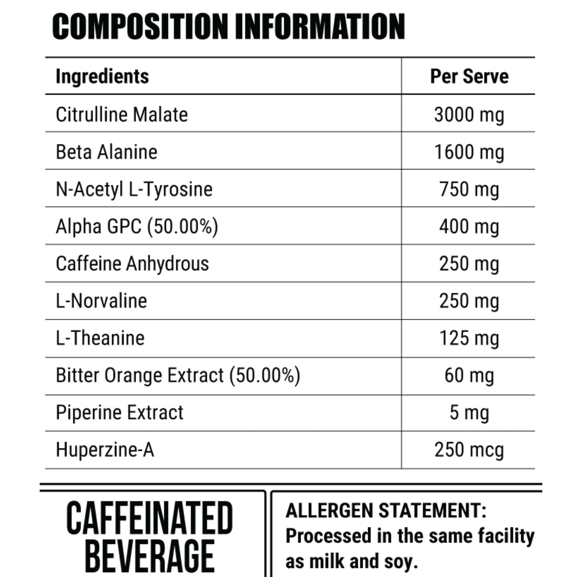 Table of ingredient composition for a caffeinated beverage with allergen statement.