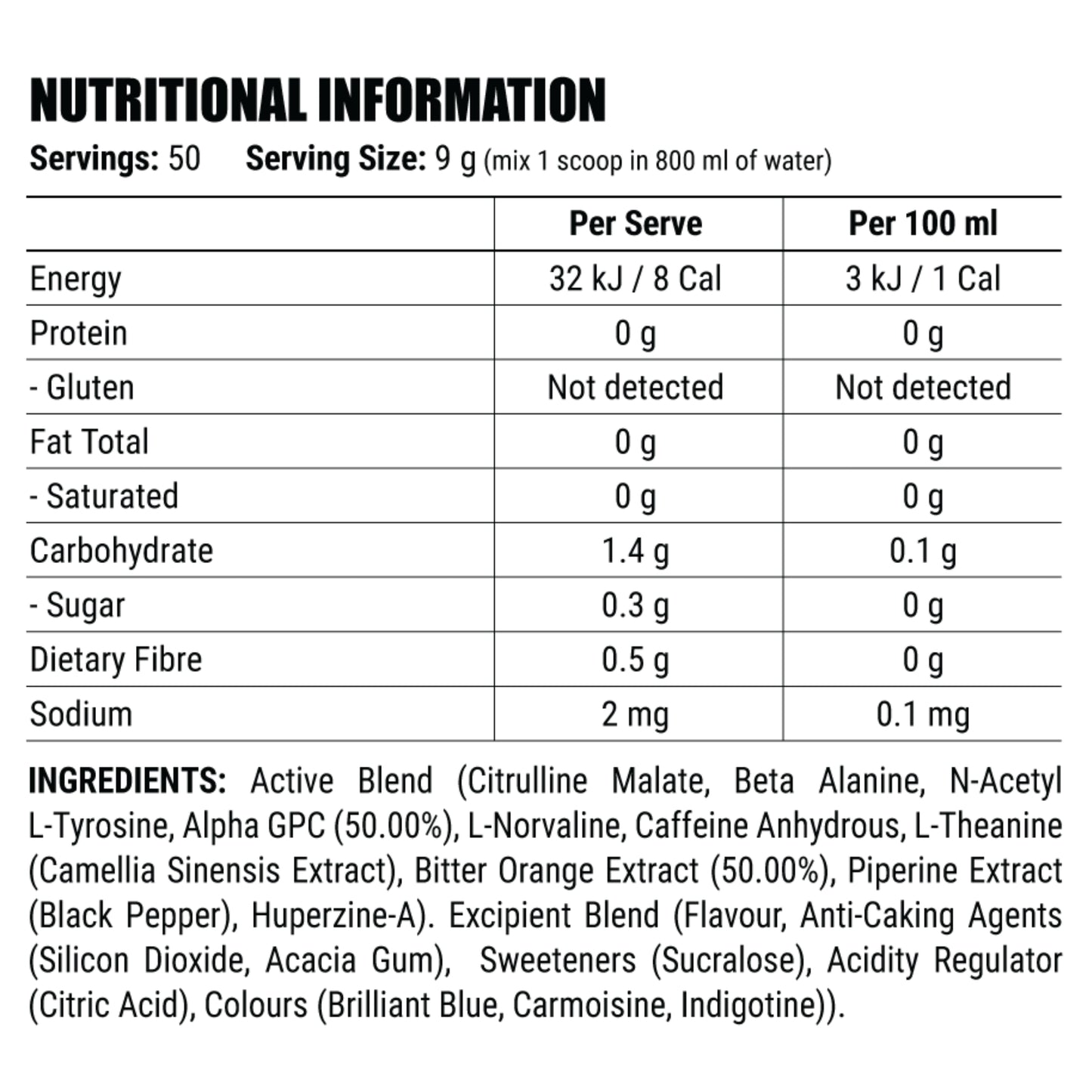 Nutritional information and ingredient list for a supplement product.
