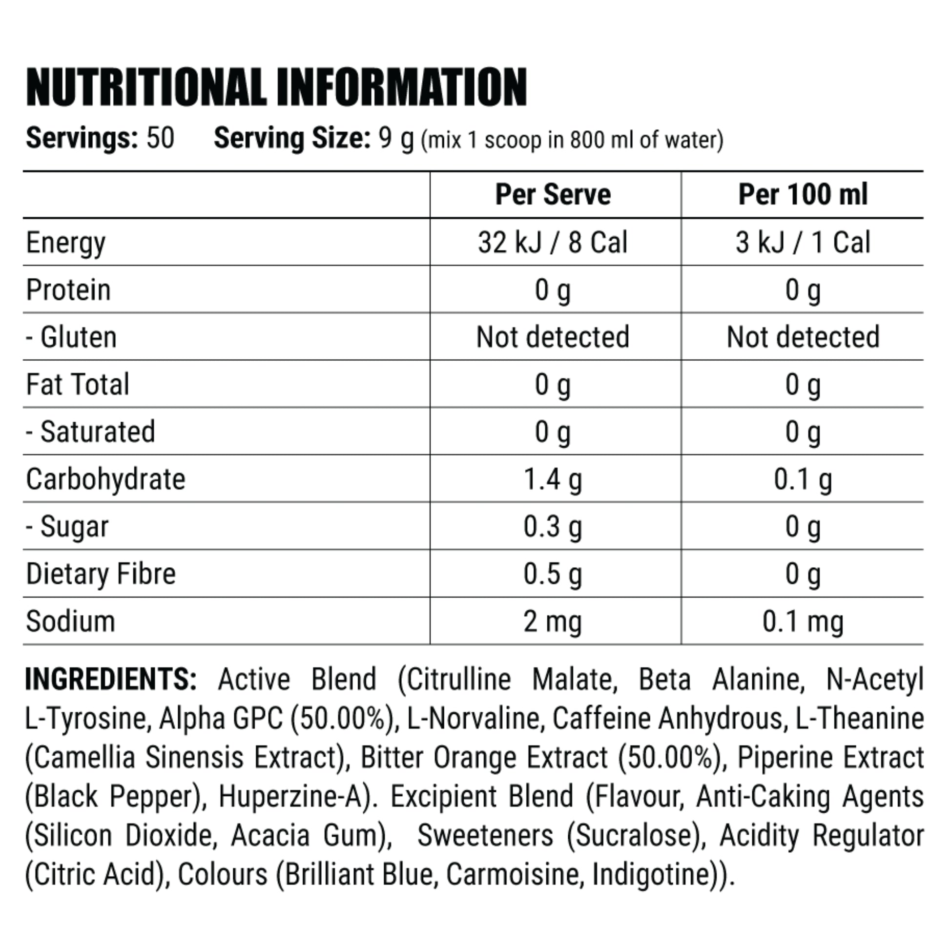 Nutritional information and ingredient list for a supplement product.