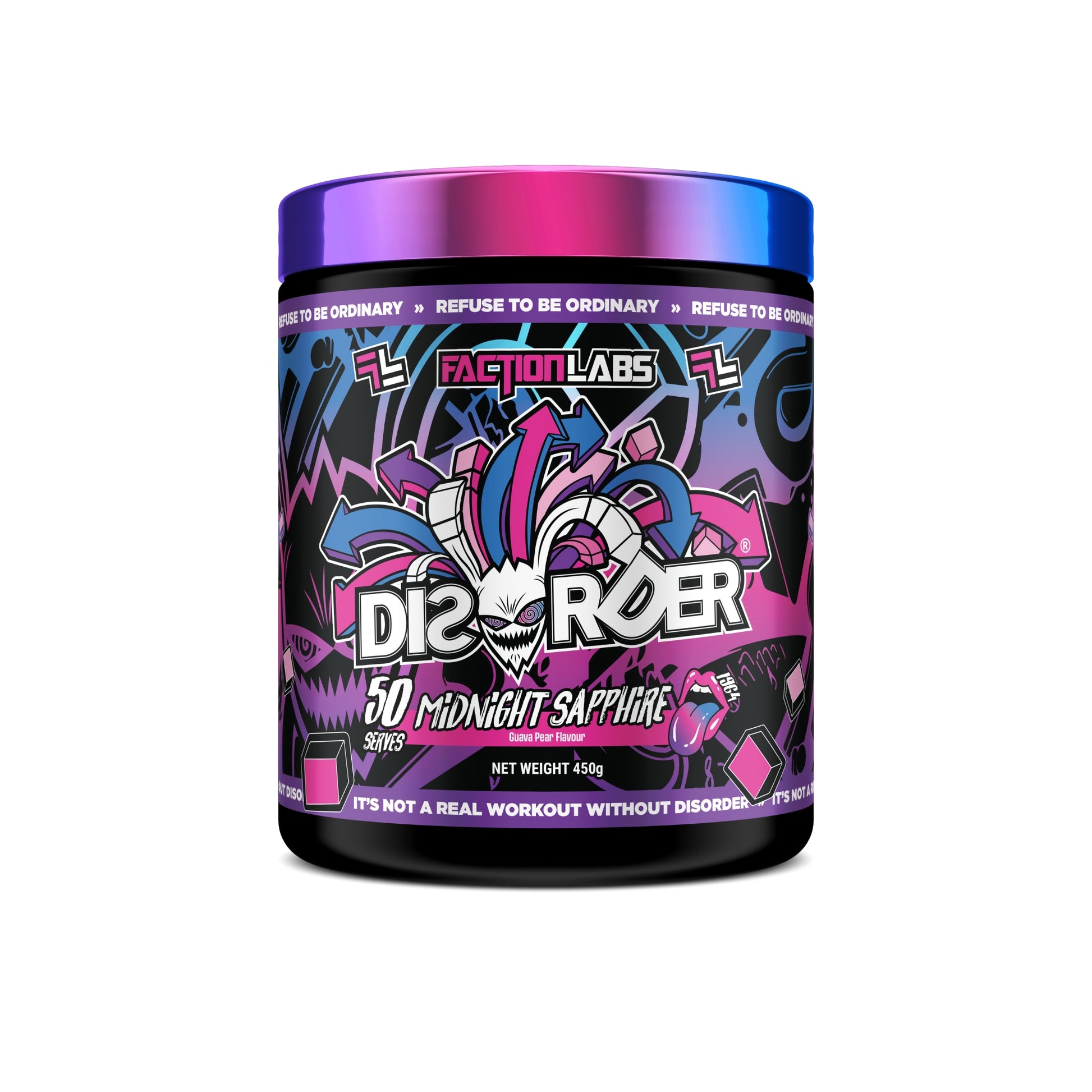 Faction Labs Disorider supplement container with colorful design on a white background