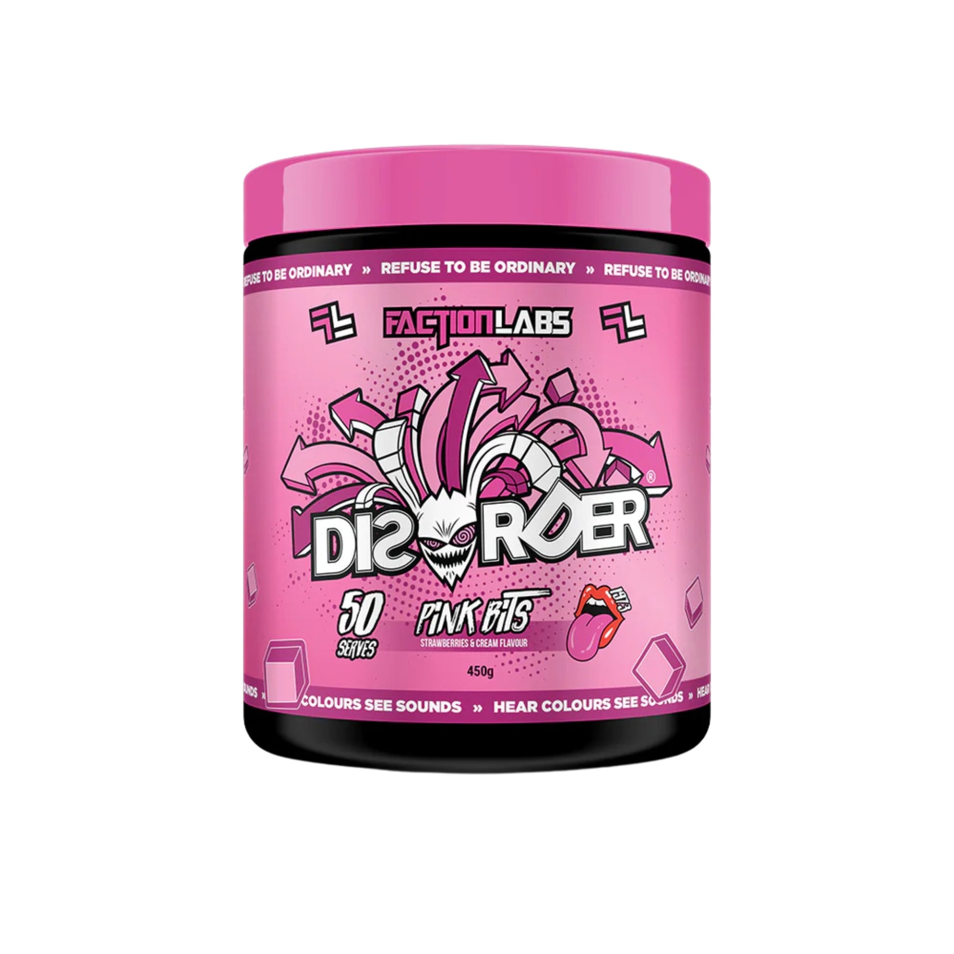 Pink supplement container with Faction Labs branding on a white background