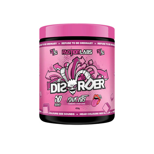 Pink supplement container with Faction Labs branding on a white background