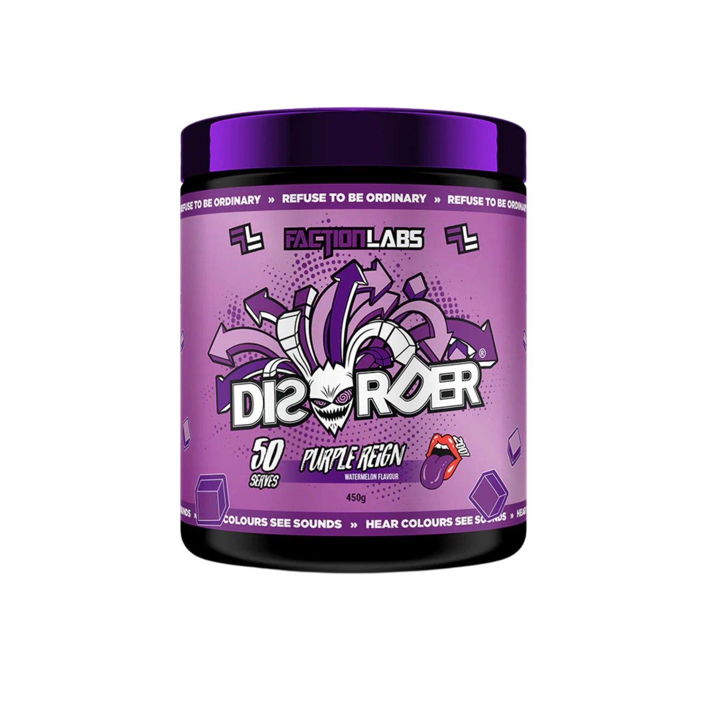Purple supplement container labeled 'Disorder' by Faction Labs on a white background