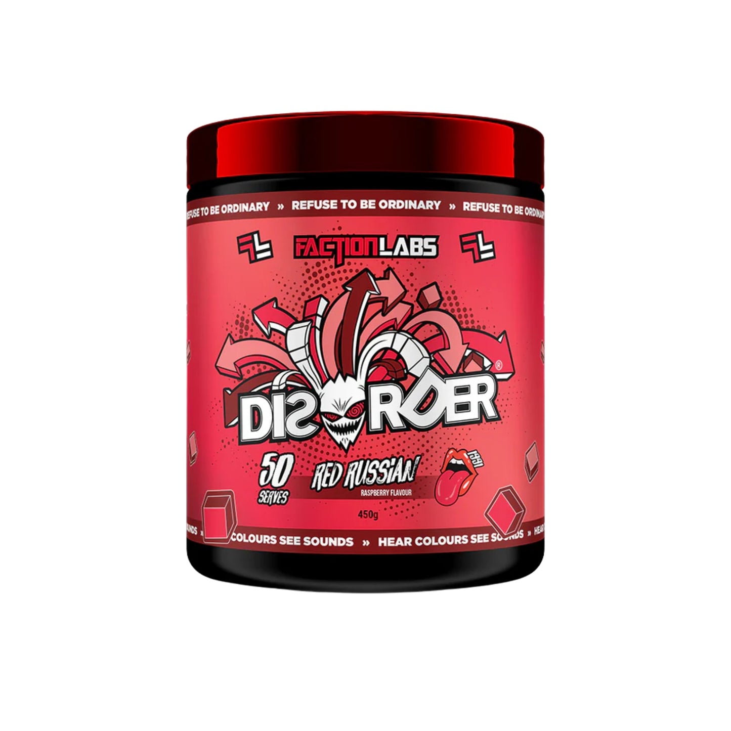 Red supplement container labeled 'Disorder' by Faction Labs on a white background