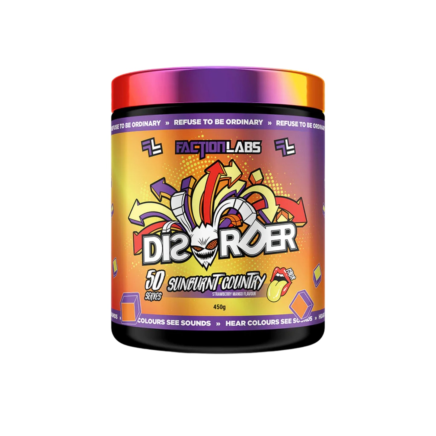 Faction Labs Disorder supplement container with colorful design on a white background