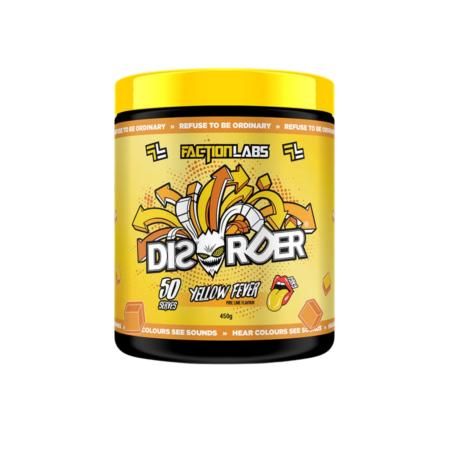 Yellow and black container of Disorder by Faction Labs on a white background