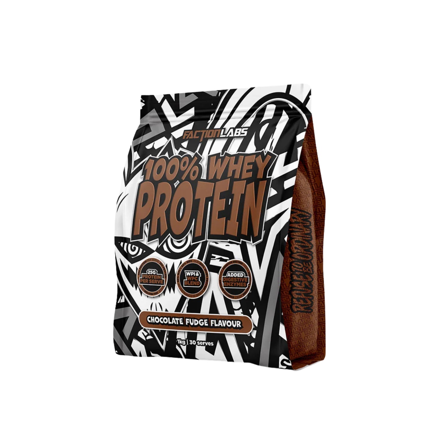Protein powder package with '100% Whey Protein' text and chocolate fudge flavor indication on a white background.