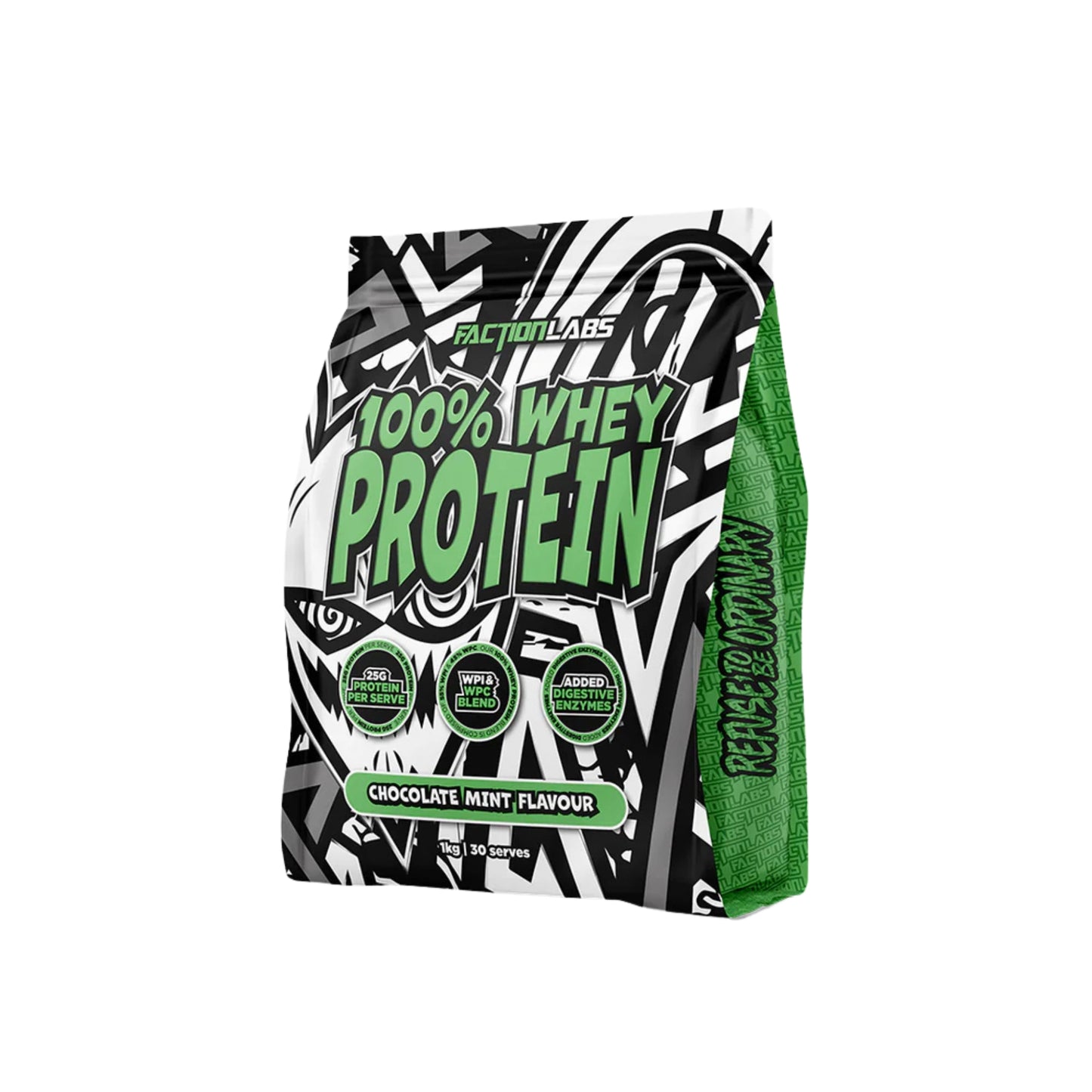 Package of Faction Labs 100% Whey Protein in chocolate mint flavor on a white background