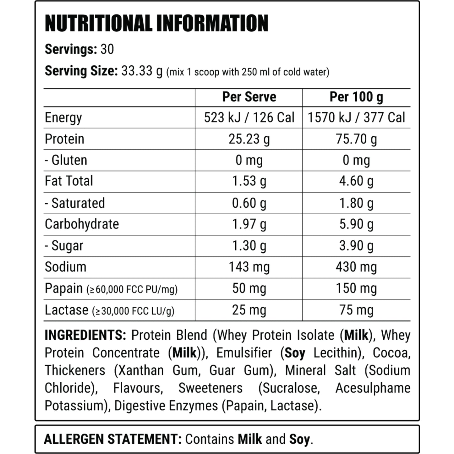 Nutritional information label for a protein supplement with serving size, energy, protein, and ingredient details.