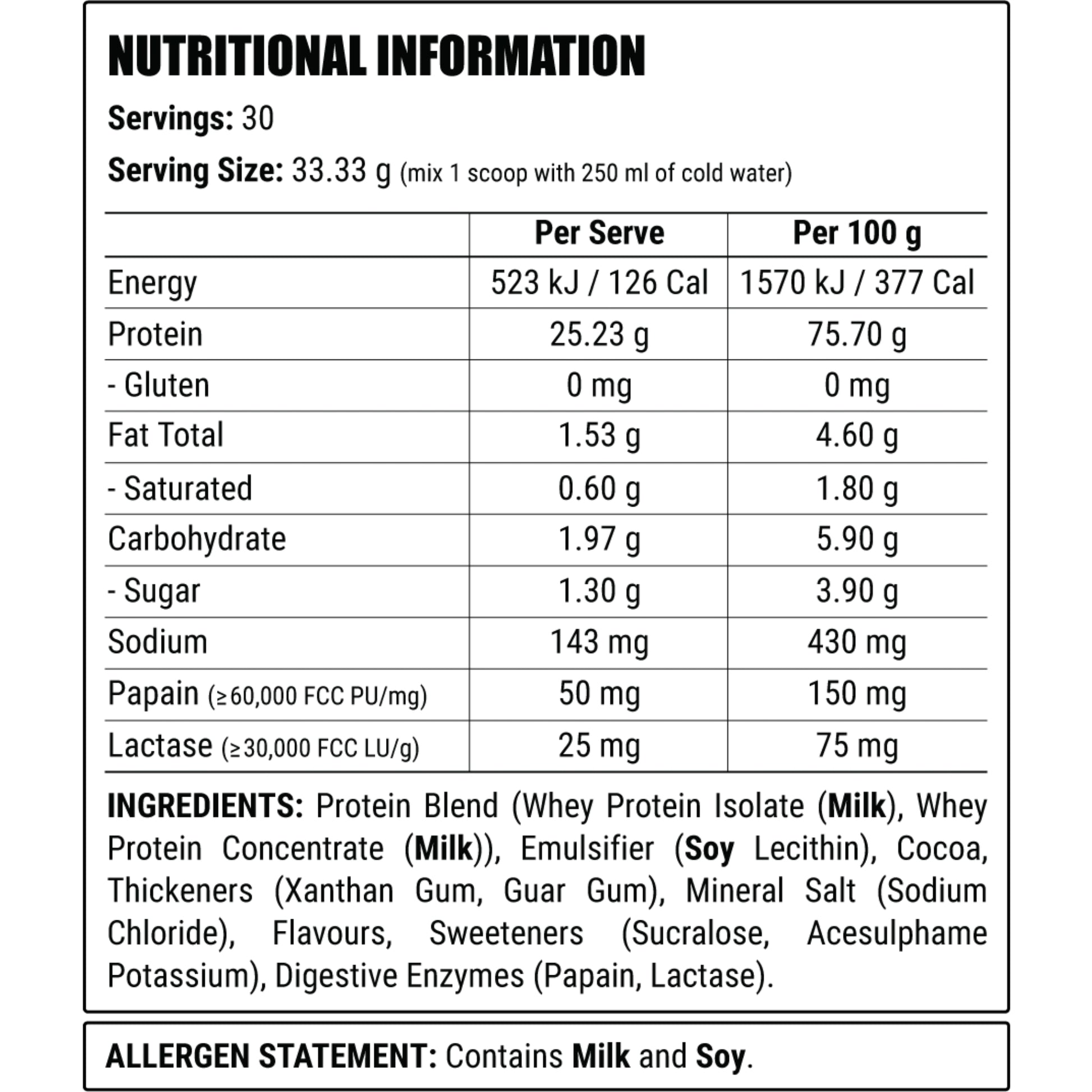 Nutritional information label for a protein supplement with serving size, energy, protein, and ingredient details.