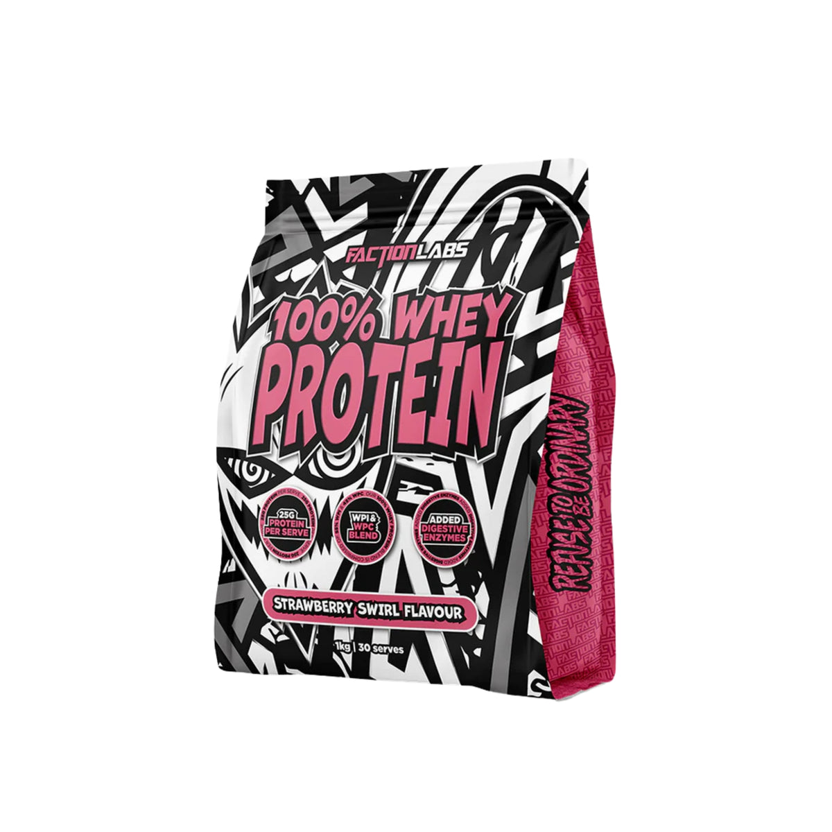Protein powder bag with black and white pattern and pink text on a white background