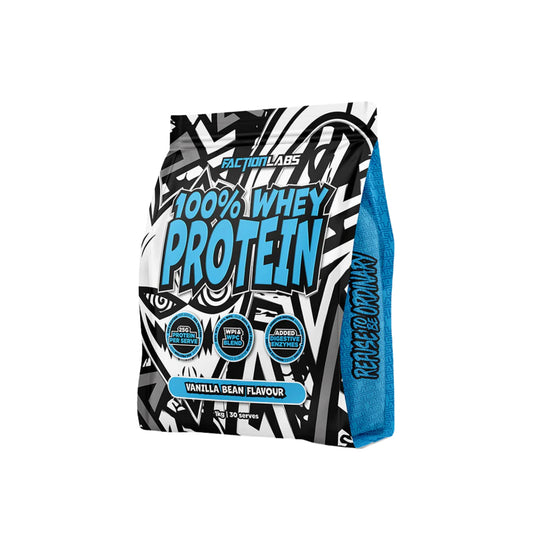 Protein powder bag with black and white pattern and blue accents on a white background